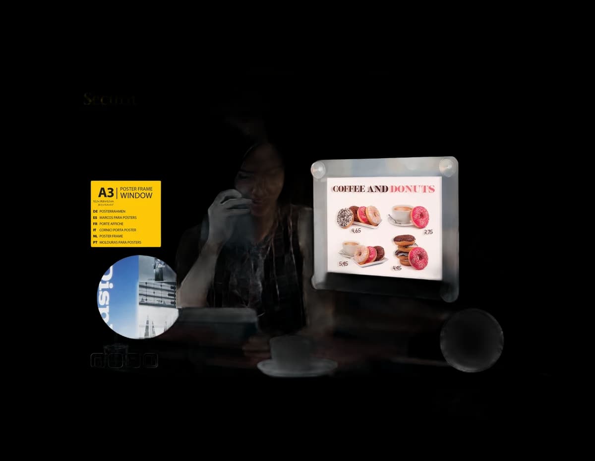 Securit® Porte-affiche A3 pour vitrine - Jaune - Avec 4 ventouses - Double-face
