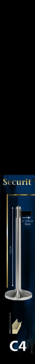 Securit® Pied Poteau d'accueil Rétractable - Chrome - 90cm - Bande nylon 205cm Noire (Socle RS-RT-RVS-C3 non inclus)