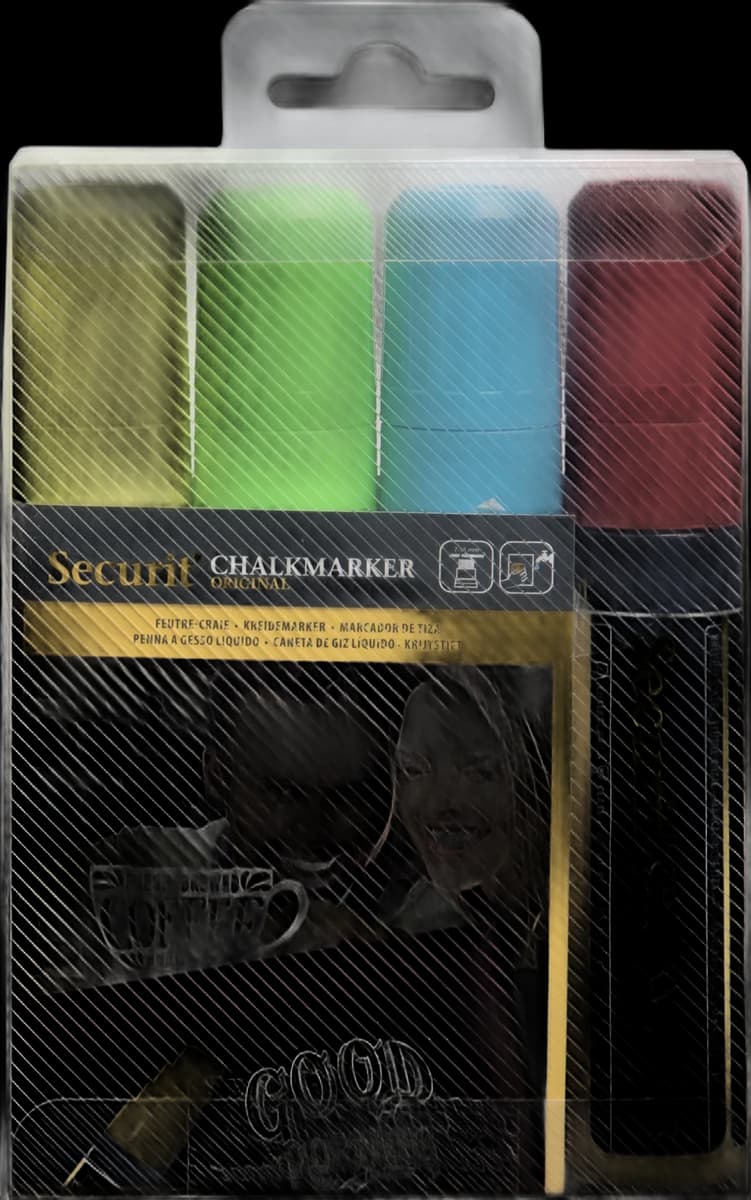 Securit® Lot de 4 Feutres-craie à encre liquide - Jaune, Vert, Bleu, Rouge - Taille de mine 7-15mm rectangulaire