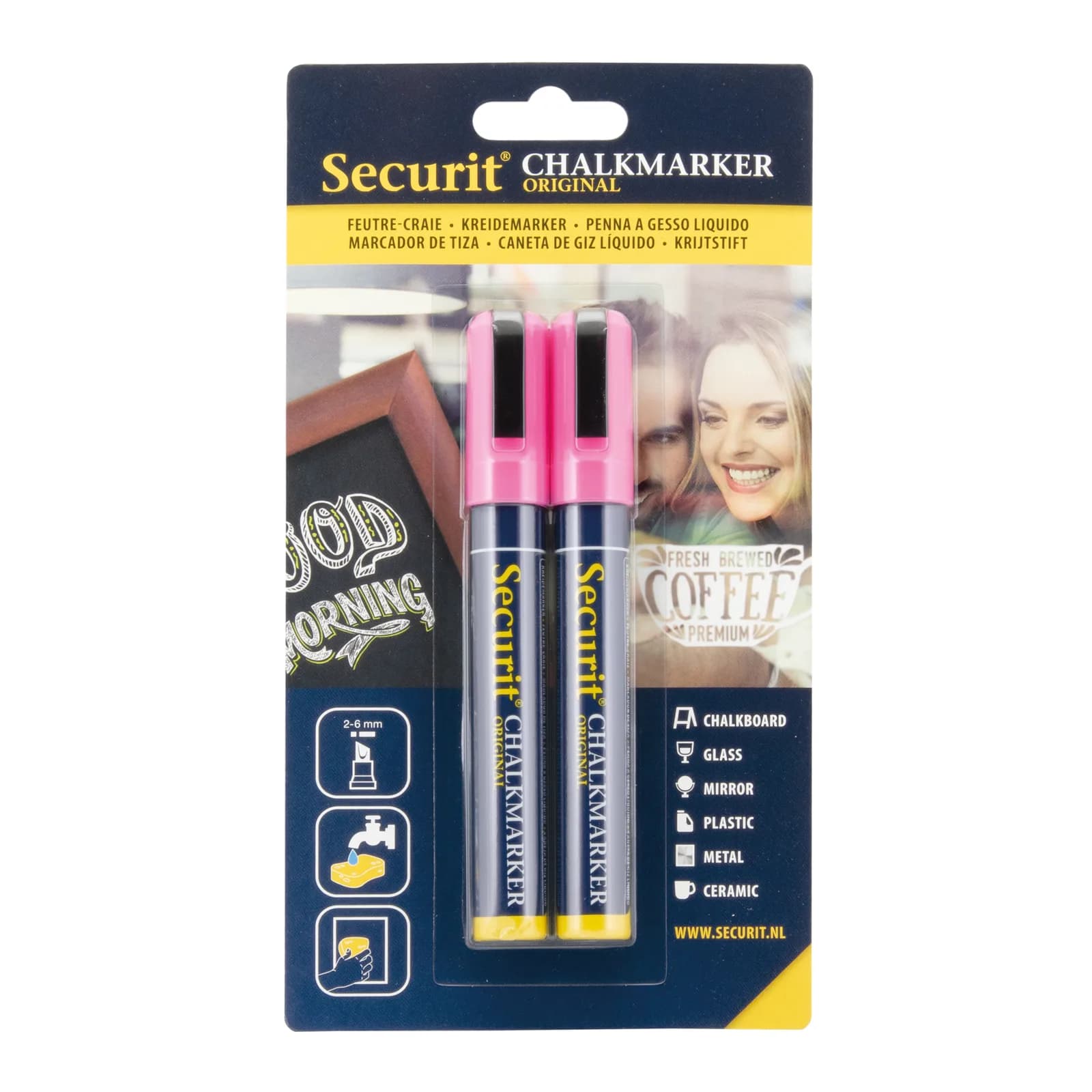 Securit® Lot de 2 Feutres-craie à encre liquide - Rose - Taille de mine 2-6mm biseautée