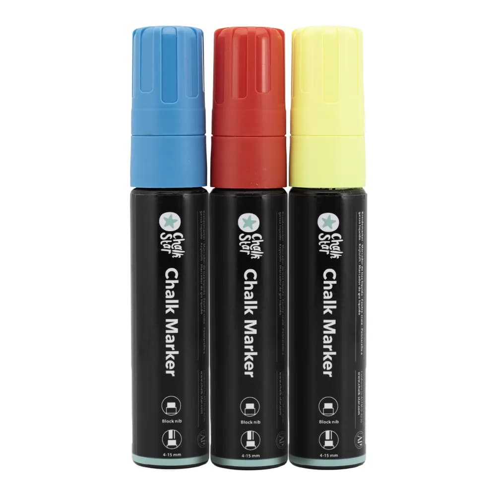 Chalkstar® Set van 3 krijtstiften - Rood, Geel, Blauw - Brede punt