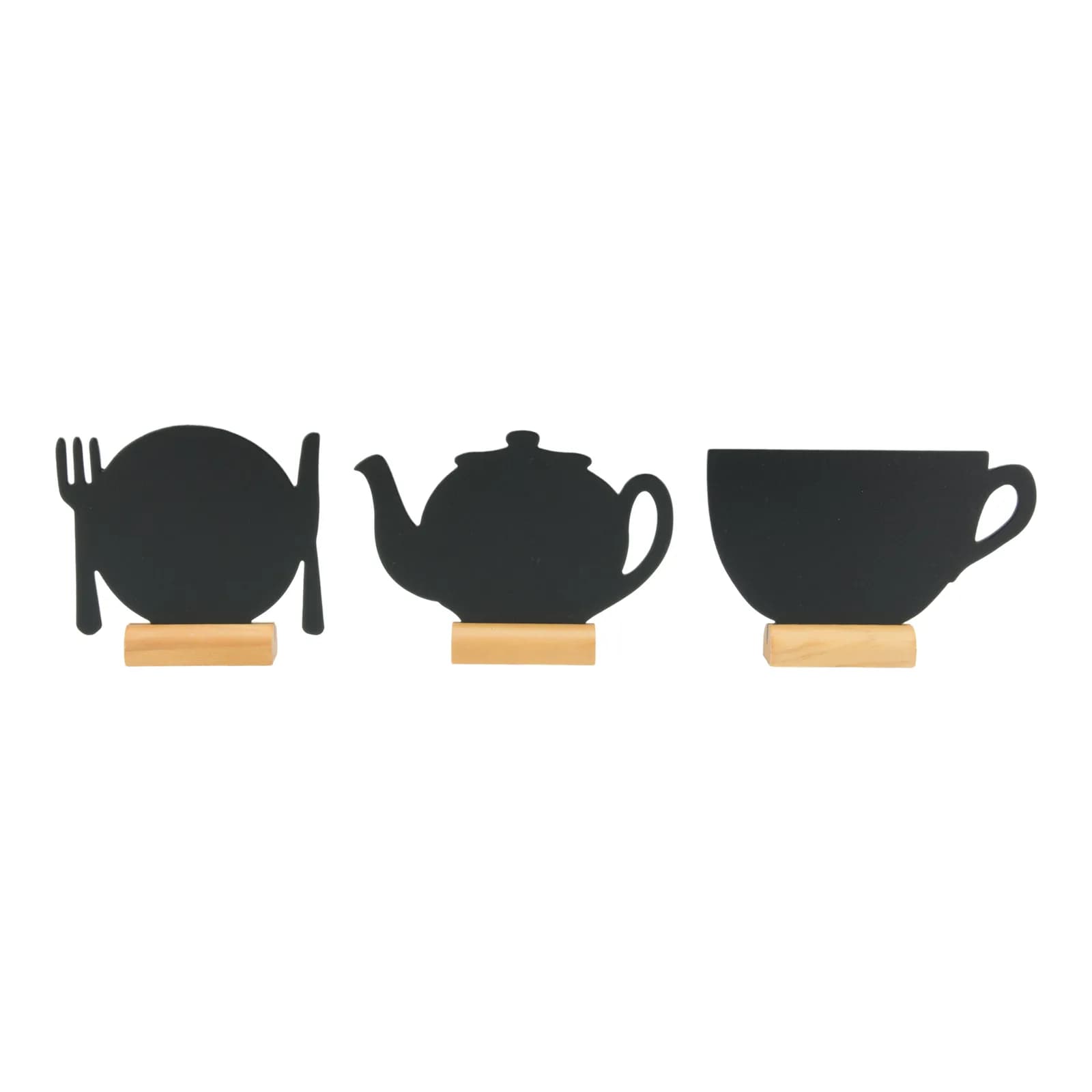 Securit® Silhouette 3er-Set Mini-Tafeln (Teekanne/Teller/Tasse) – Holzsockel – Kreidestift inklusive