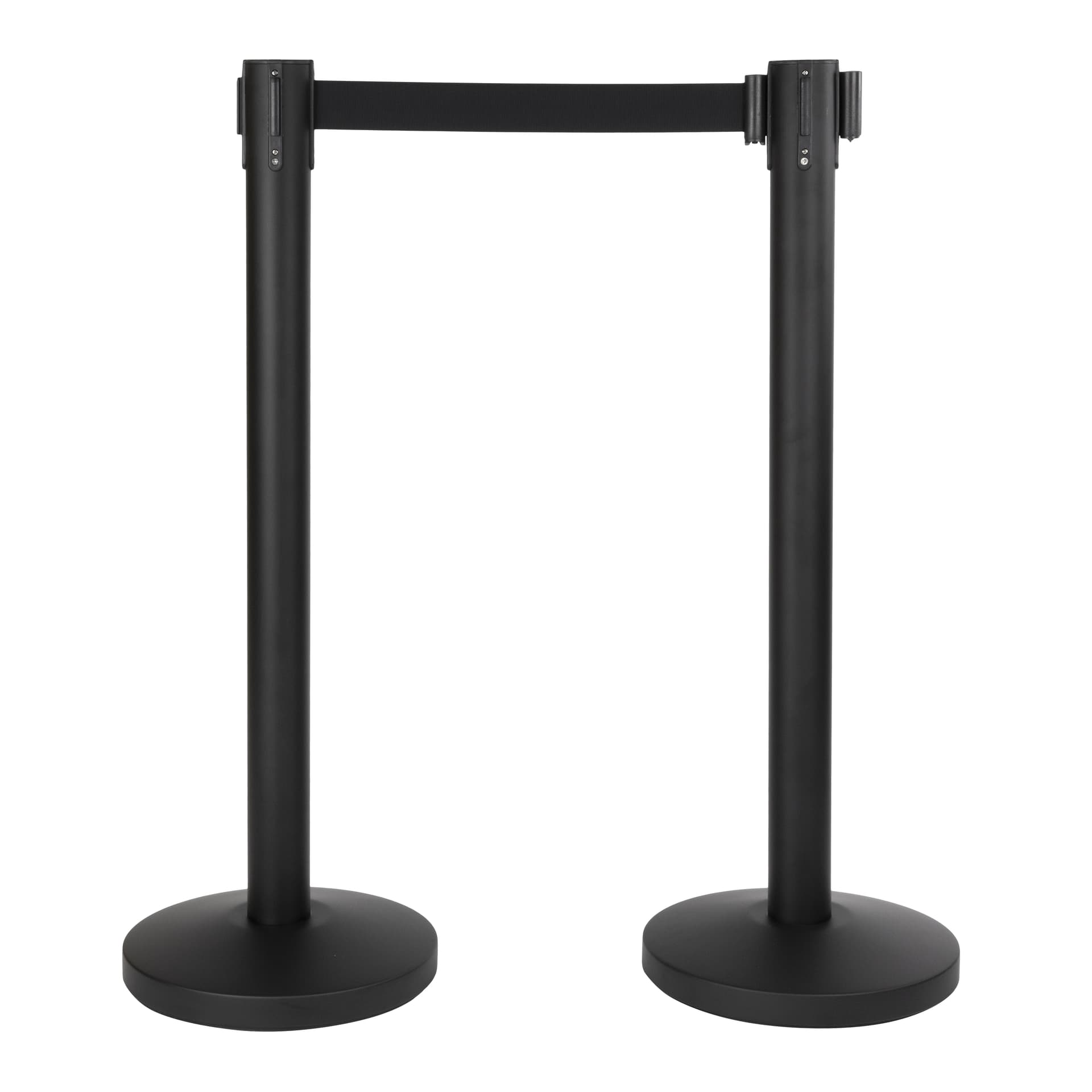 Securit® Lot de 2 Poteaux d'accueil Rétractable - Noir - 100cm - Bande nylon 200cm Noire - Ensemble complet pied + socle