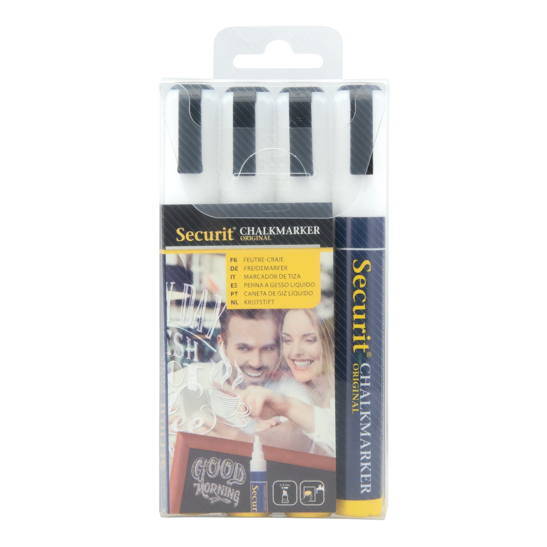 Securit® Lot de 4 Feutres-craie à encre liquide - Blanc - Taille de mine 2-6mm biseautée