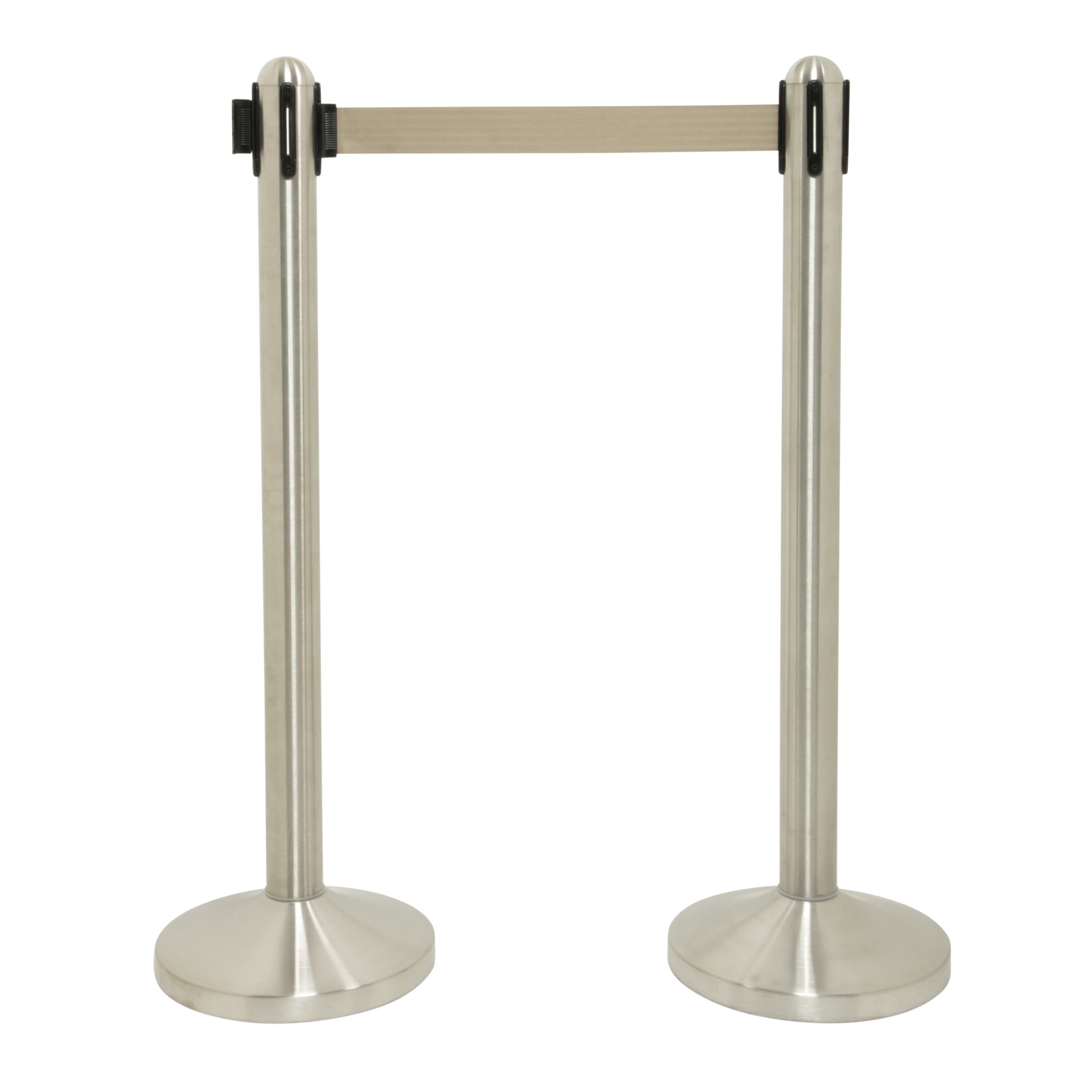 Securit® Poteau d'accueil Rétractable - Chrome - 100cm - Bande nylon 205cm Grise - Ensemble complet pied + socle