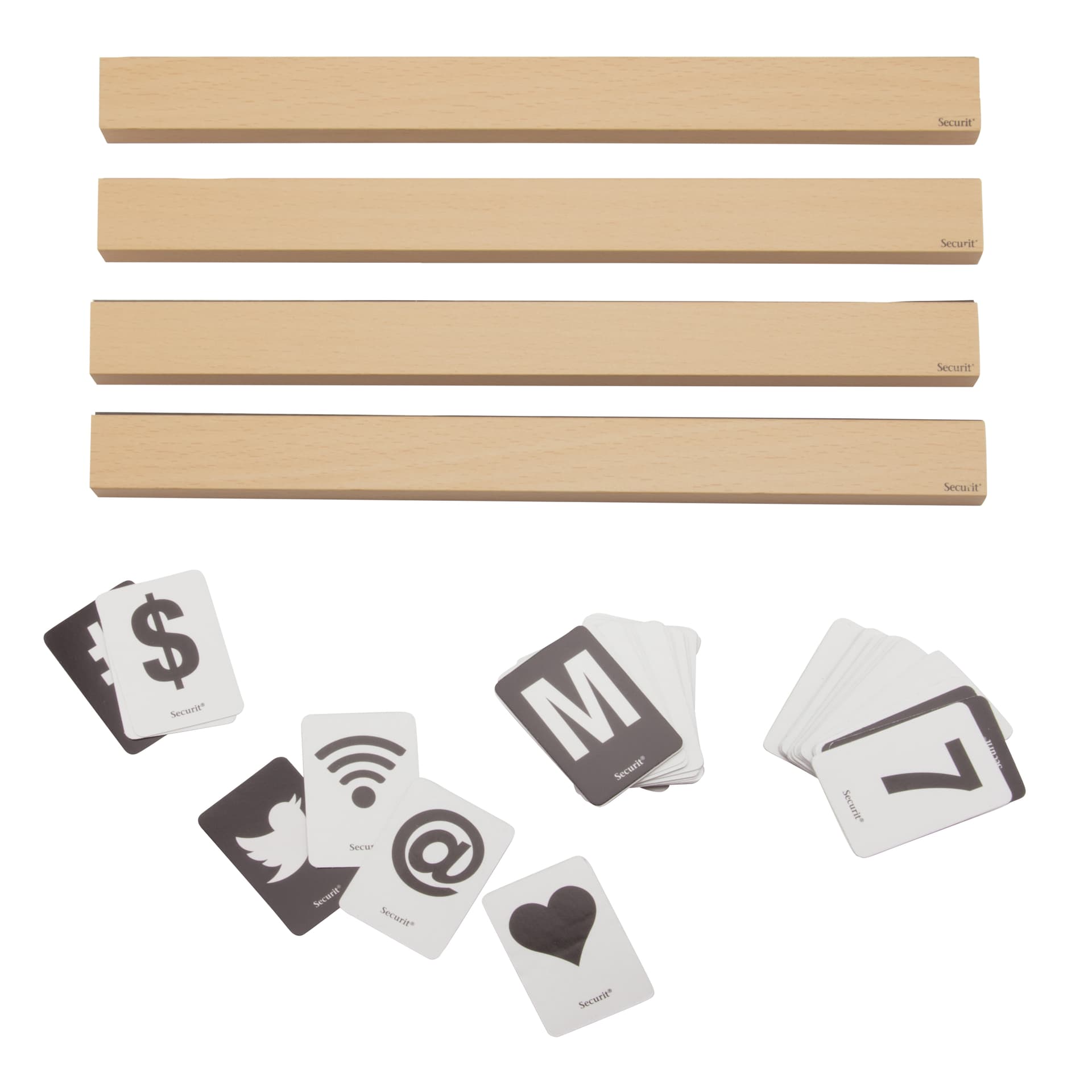 Securit® Lot de 4 Étagères - Bois finition teck laqué - 169 cartes recto verso avec lettres, chiffres et icônes inclus -
