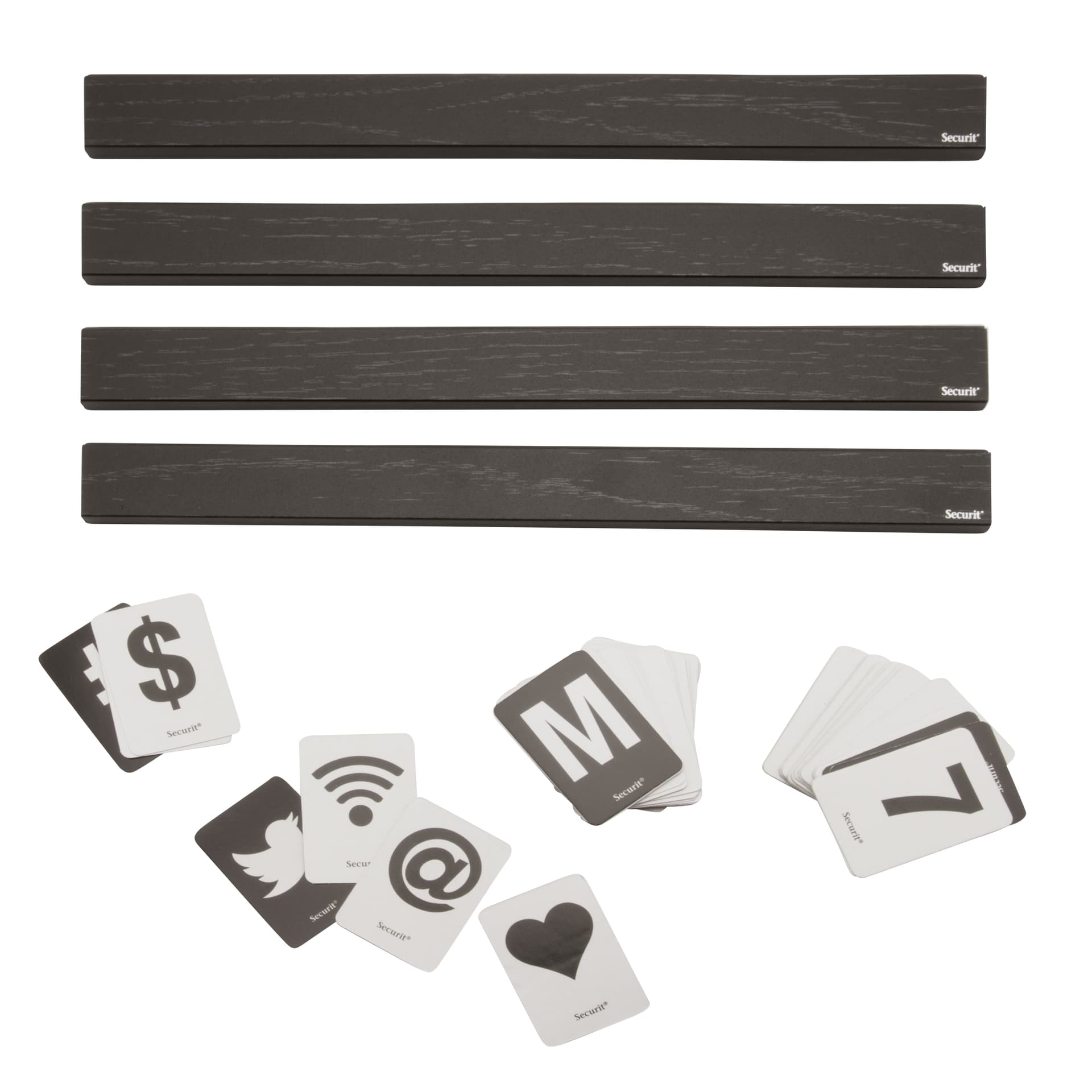 Securit® Lot de 4 Étagères - Bois finition noir laqué - 169 cartes recto verso avec lettres, chiffres et icônes inclus -