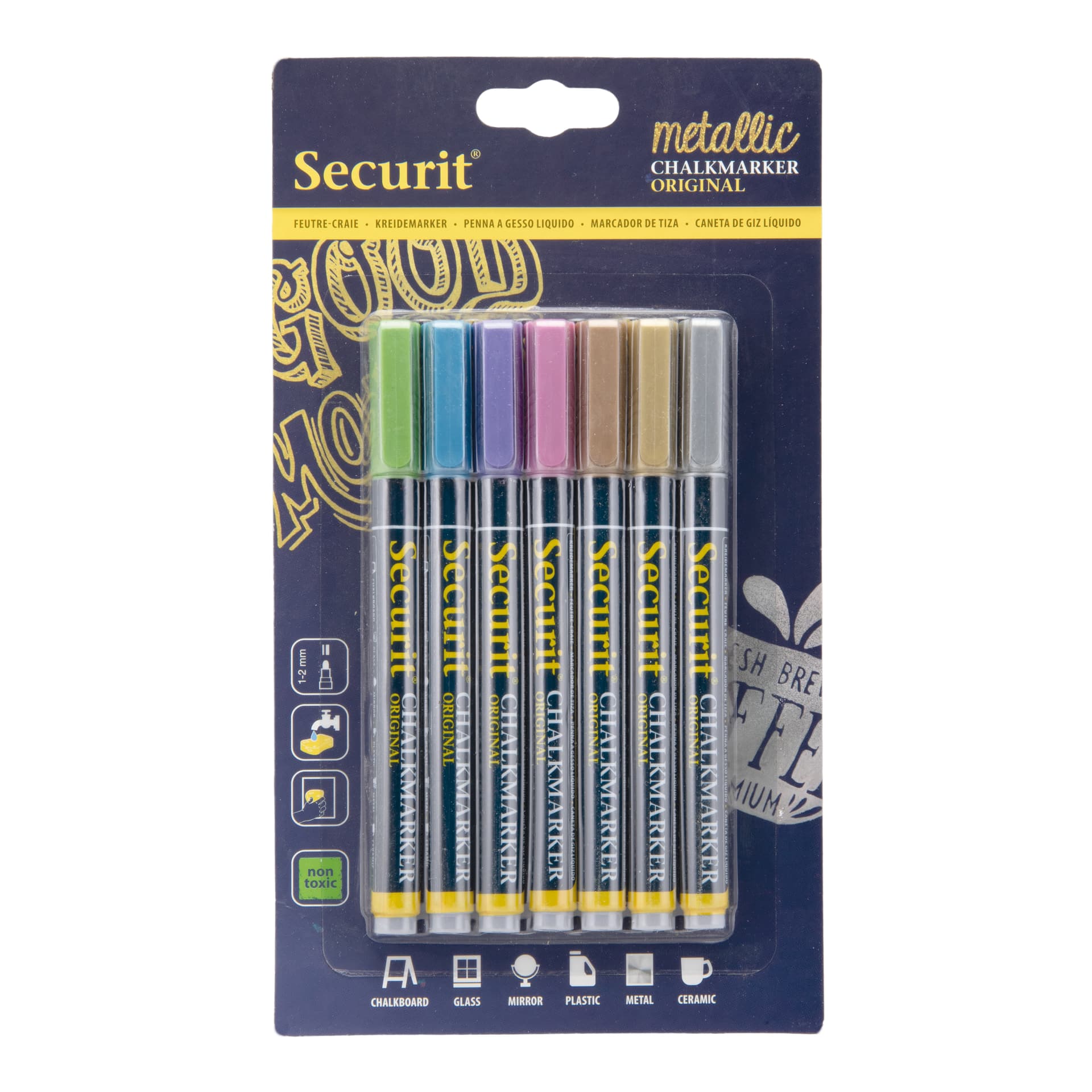 Securit® Set di 7 pennarelli gesso liquido metallici - Punta 1-2mm