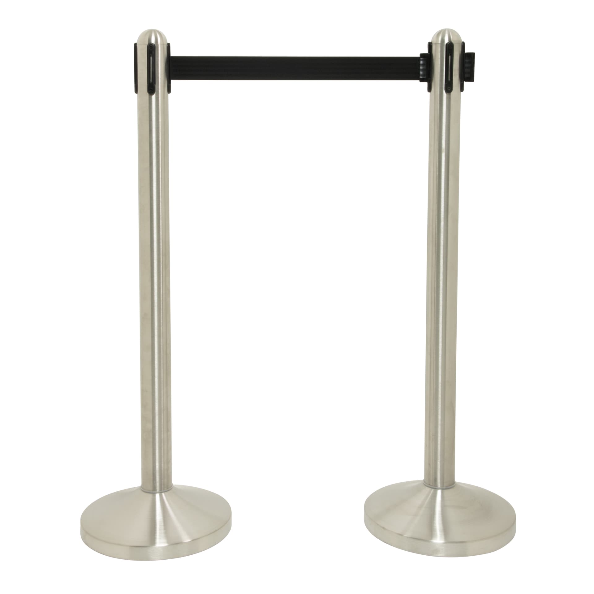 Securit® Poteau d'accueil Rétractable - Chrome - 100cm - Bande nylon 205cm Noire - Ensemble complet pied + socle