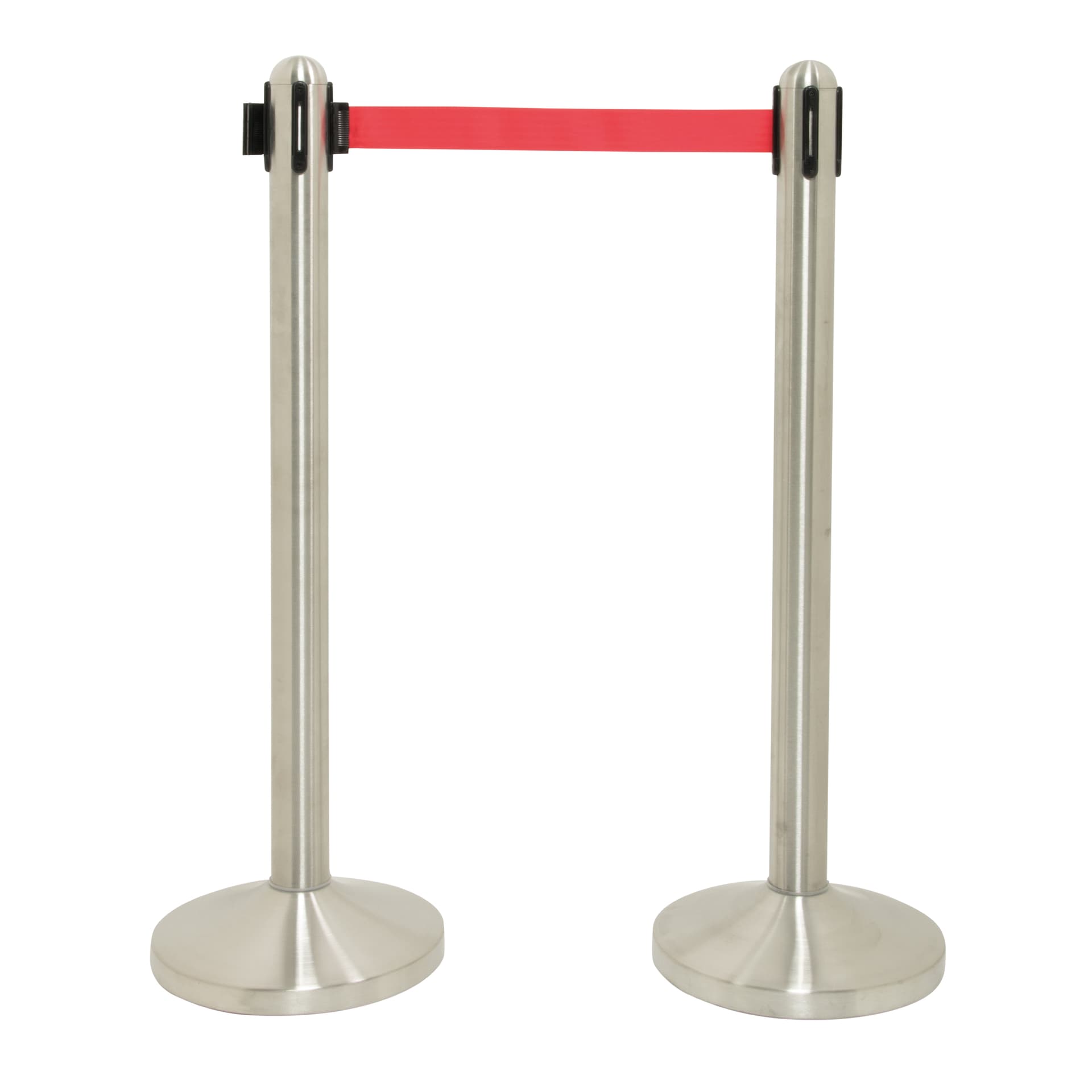 Securit® Poteau d'accueil Rétractable - Chrome - 100cm - Bande nylon 205cm Rouge - Ensemble complet pied + socle