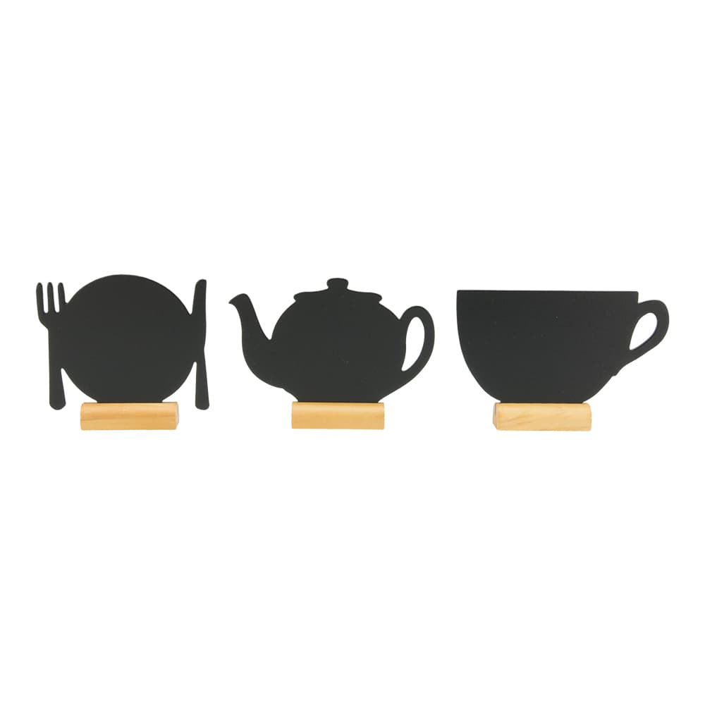 Securit® Lot de 3 Mini Ardoises de table - Silhouette Tasse / Théière / Assiette - Socle en bois - Feutre-craie inclus