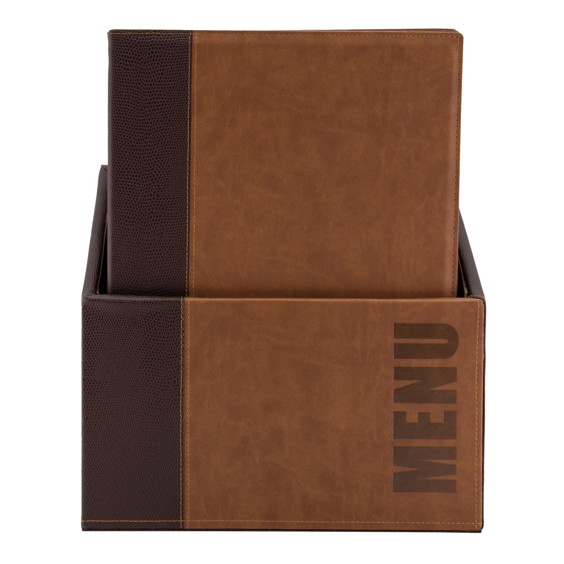 Securit® Boite contenant 20 Protège-menus A4 "Trendy" - Marron - Simili-cuir - 4 vues