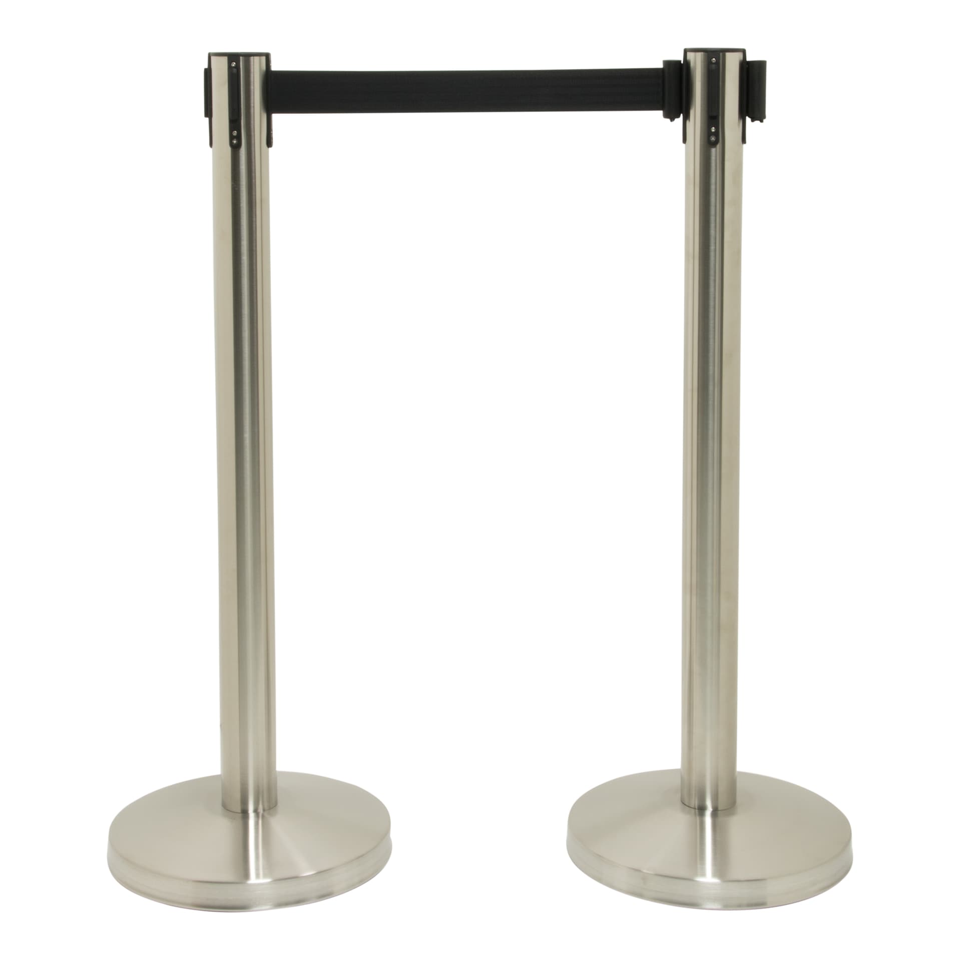 Securit® Lot de 2 Poteaux d'accueil Rétractable - Chrome - 100cm - Bande nylon 200cm Noire - Ensemble complet pied + soc
