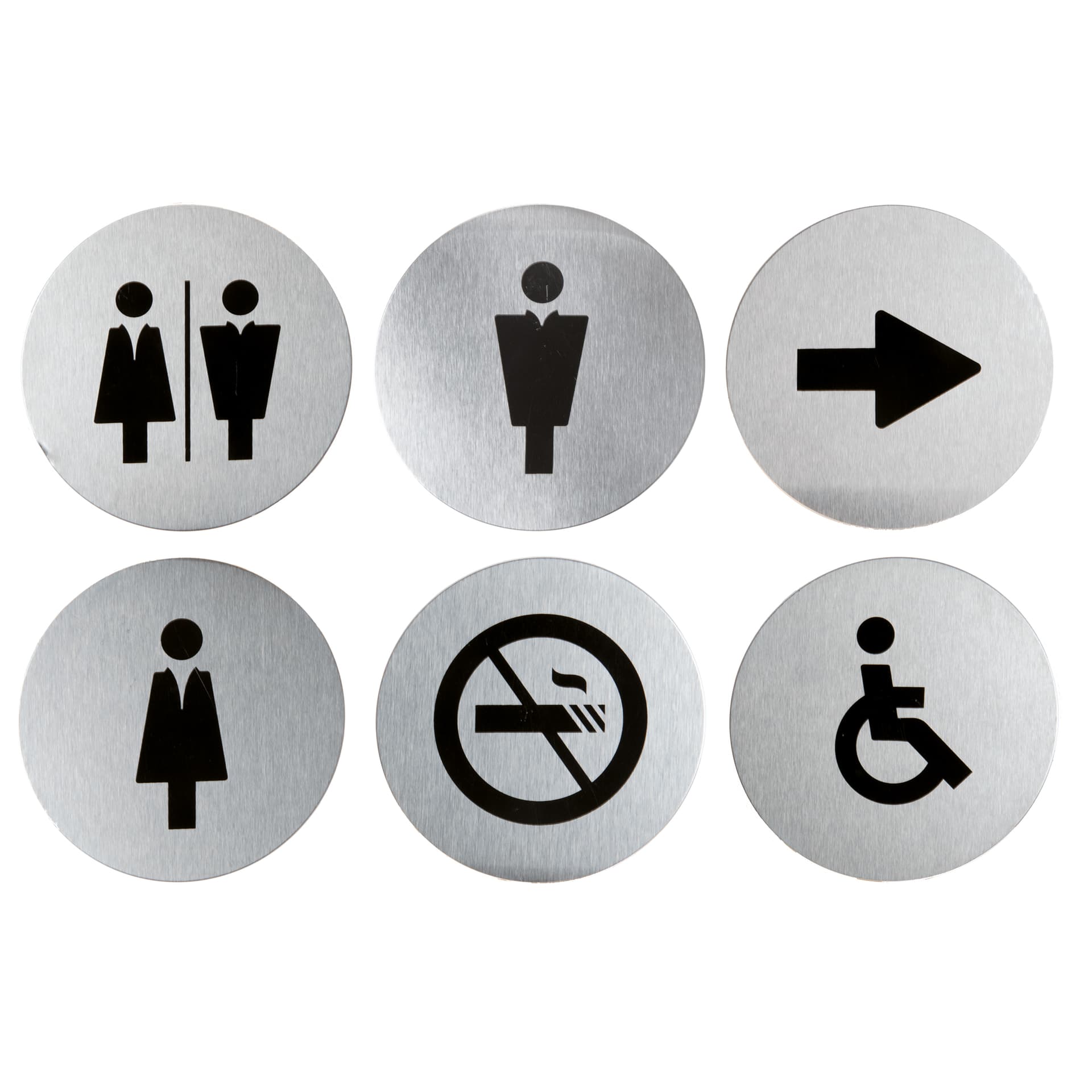 Securit® Lot de 6 Pictogrammes - Plaque en acier inoxydable - Femme, Homme, Mixte, Handicap, Flèche, Interdit de fumer