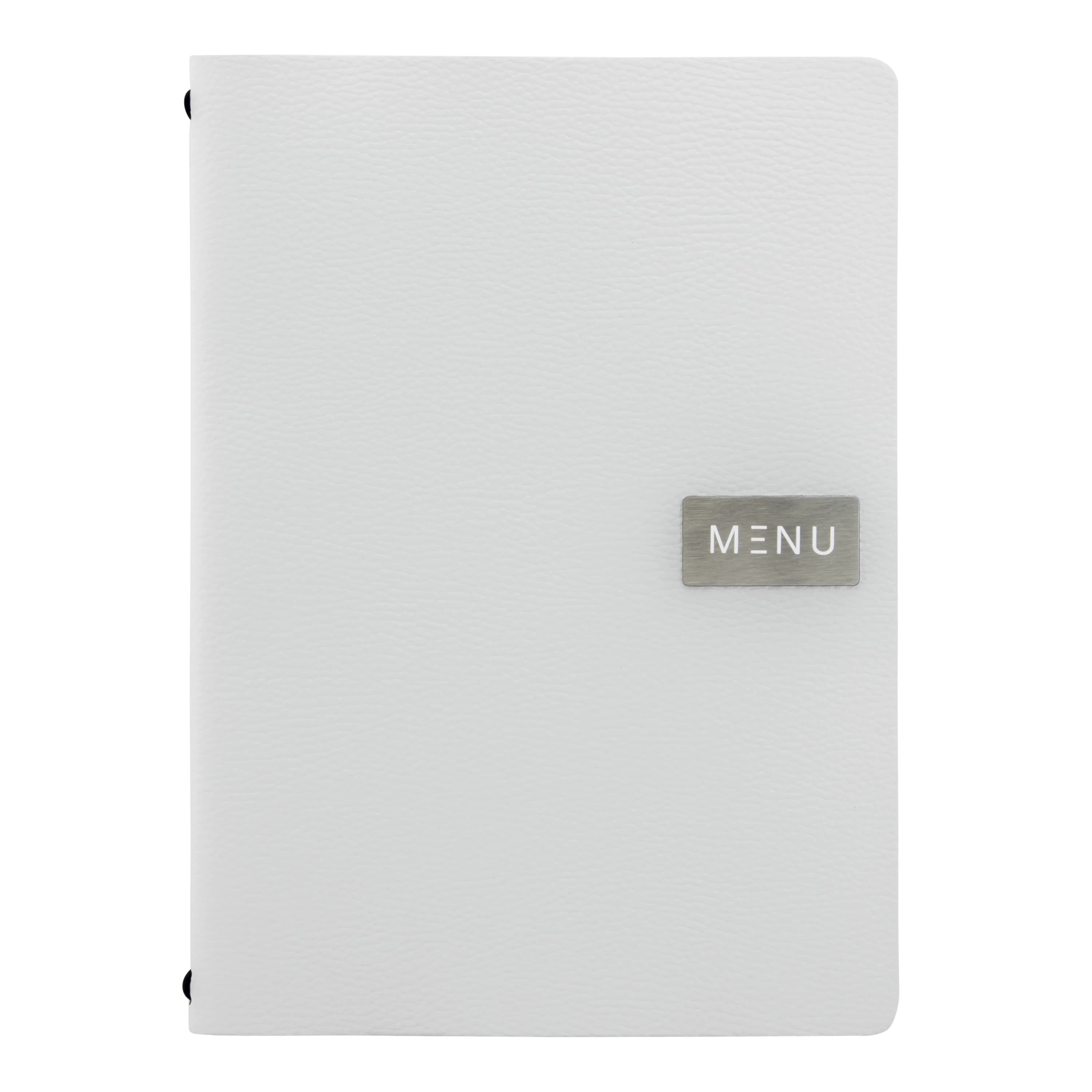Securit® Protège-menu A4 "Leather" - Blanc - Ligne "Raw" - 100% cuir écologique - Plaque "Menu" + plaque vierge incluses