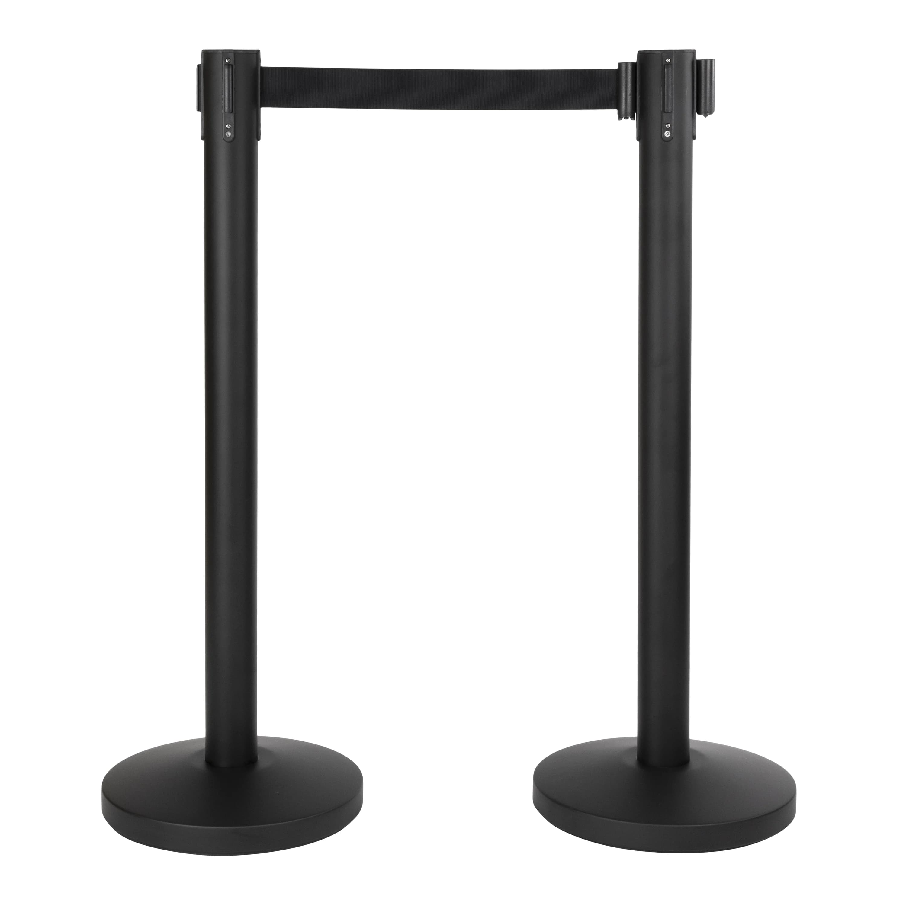 Securit® Lot de 2 Poteaux d'accueil Rétractable - Noir - 100cm - Bande nylon 200cm Noire - Ensemble complet pied + socle