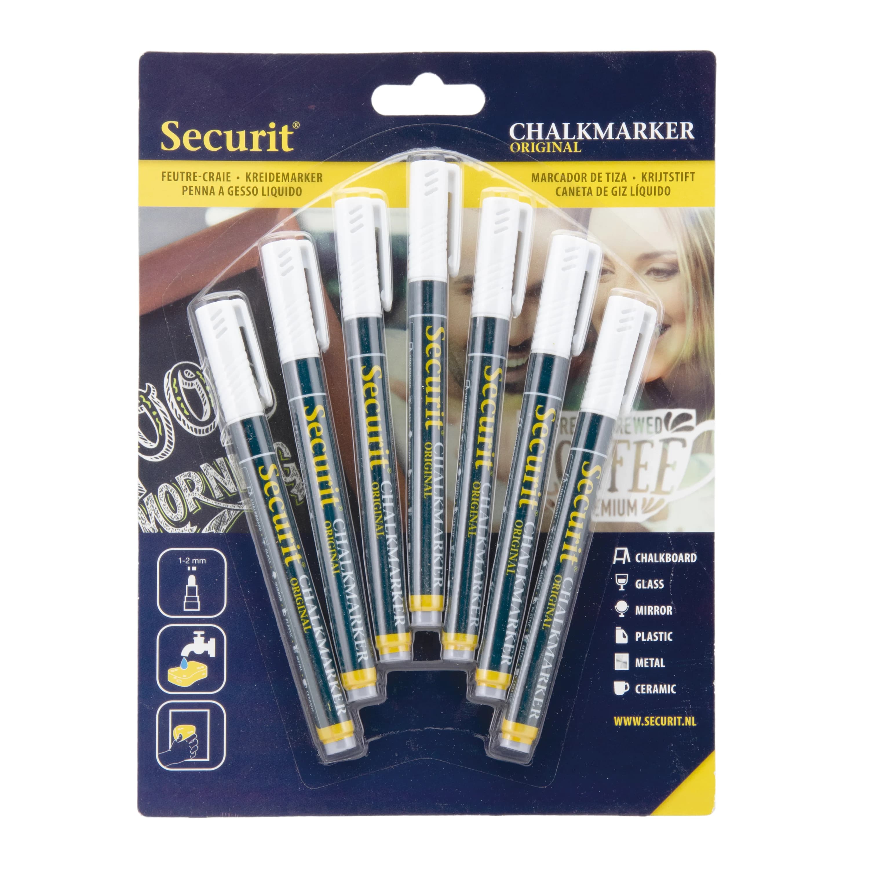 Securit® Lot de 7 Feutres-craie à encre liquide - Blanc - Taille de mine 1-2mm obus