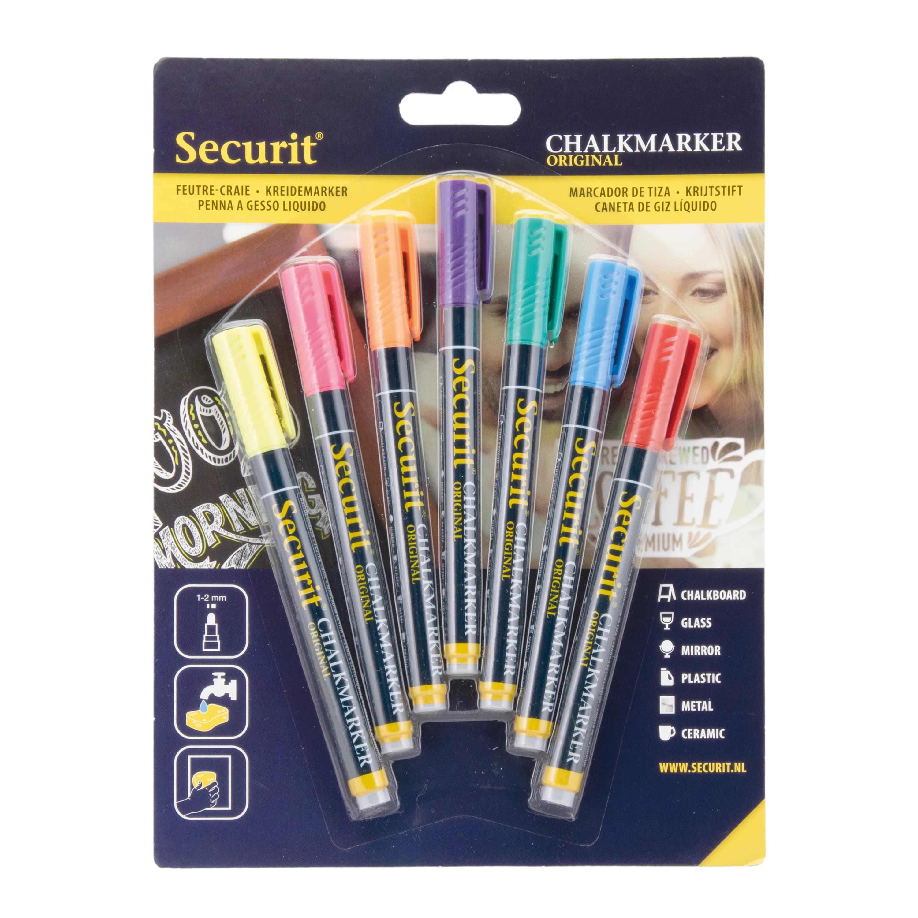 Securit® Lot de 7 Feutres-craie à encre liquide - Jaune, Rose, Orange, Violet, Vert, Bleu, Rouge - Taille de mine 1-2mm