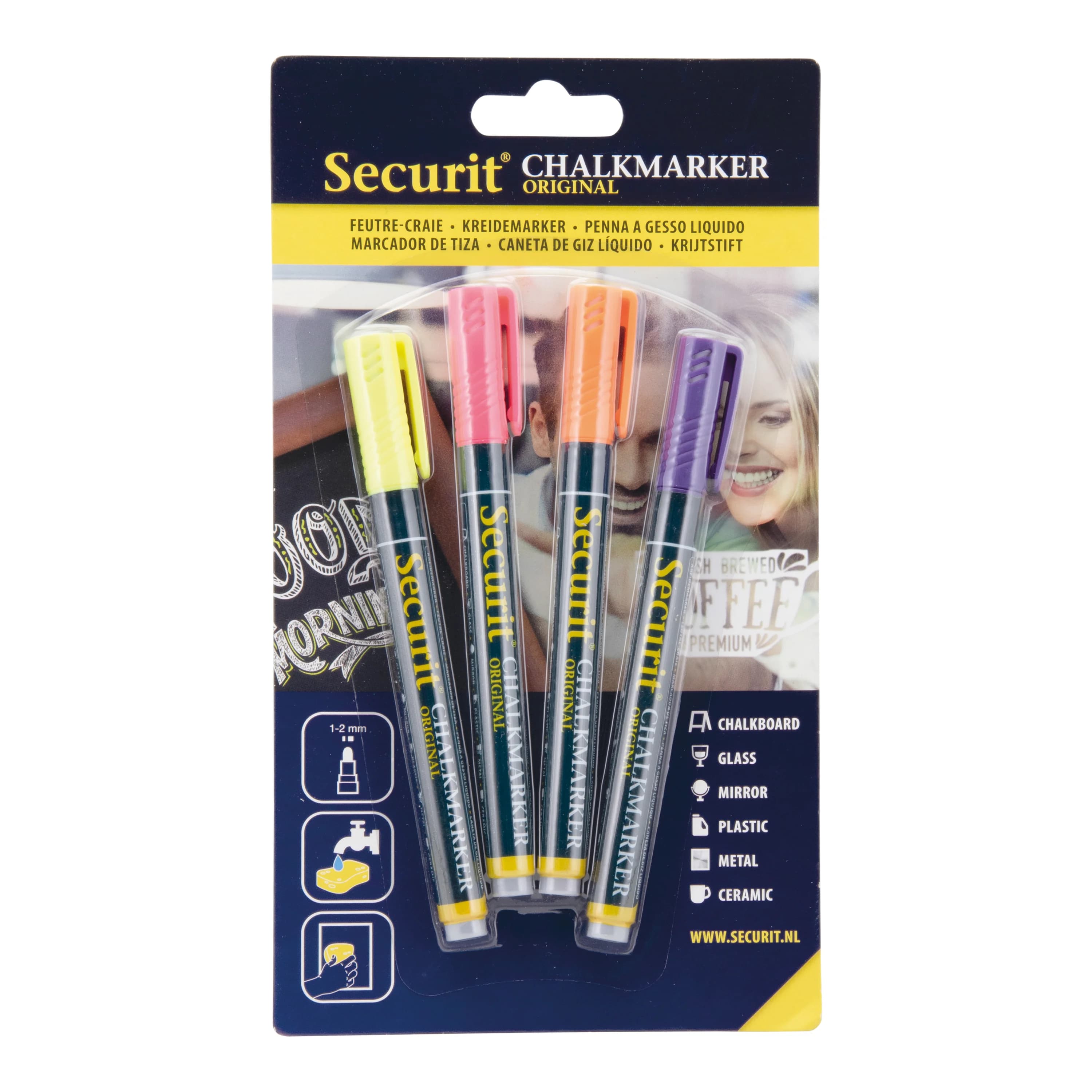 Securit® Lot de 4 Feutres-craie à encre liquide - Jaune, Rose, Orange, Violet - Taille mine 1-2mm obus