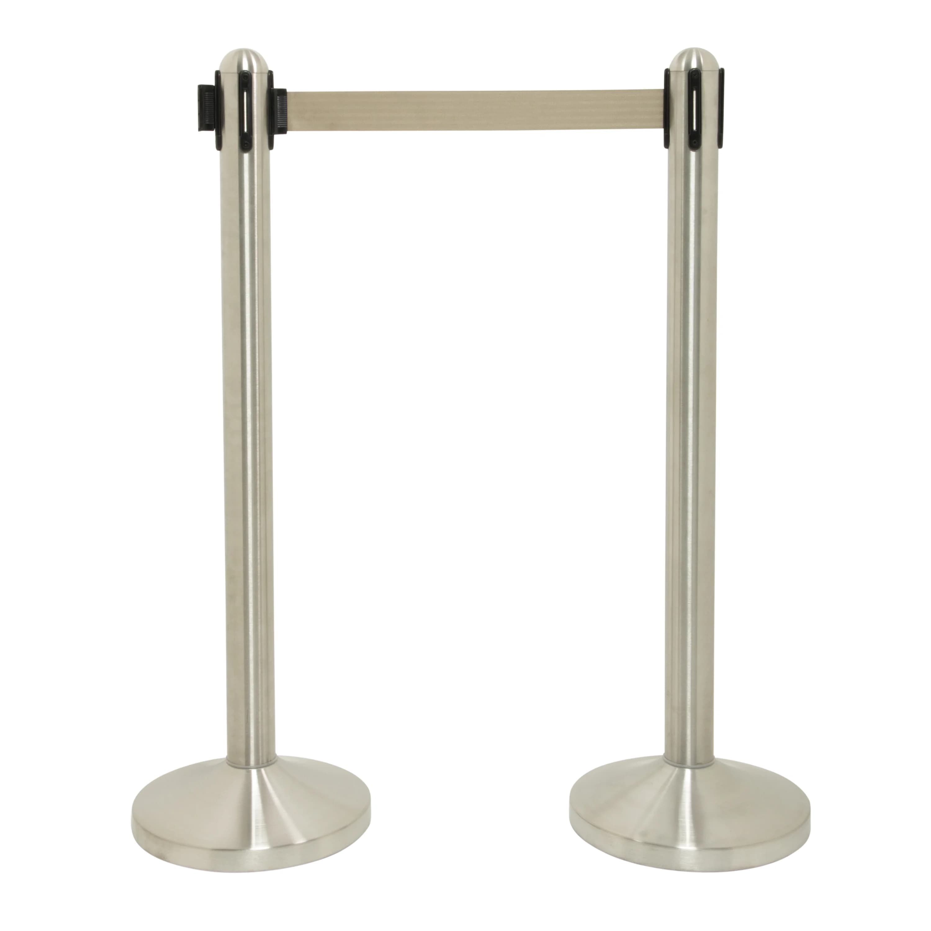 Securit® Poteau d'accueil Rétractable - Chrome - 100cm - Bande nylon 205cm Grise - Ensemble complet pied + socle