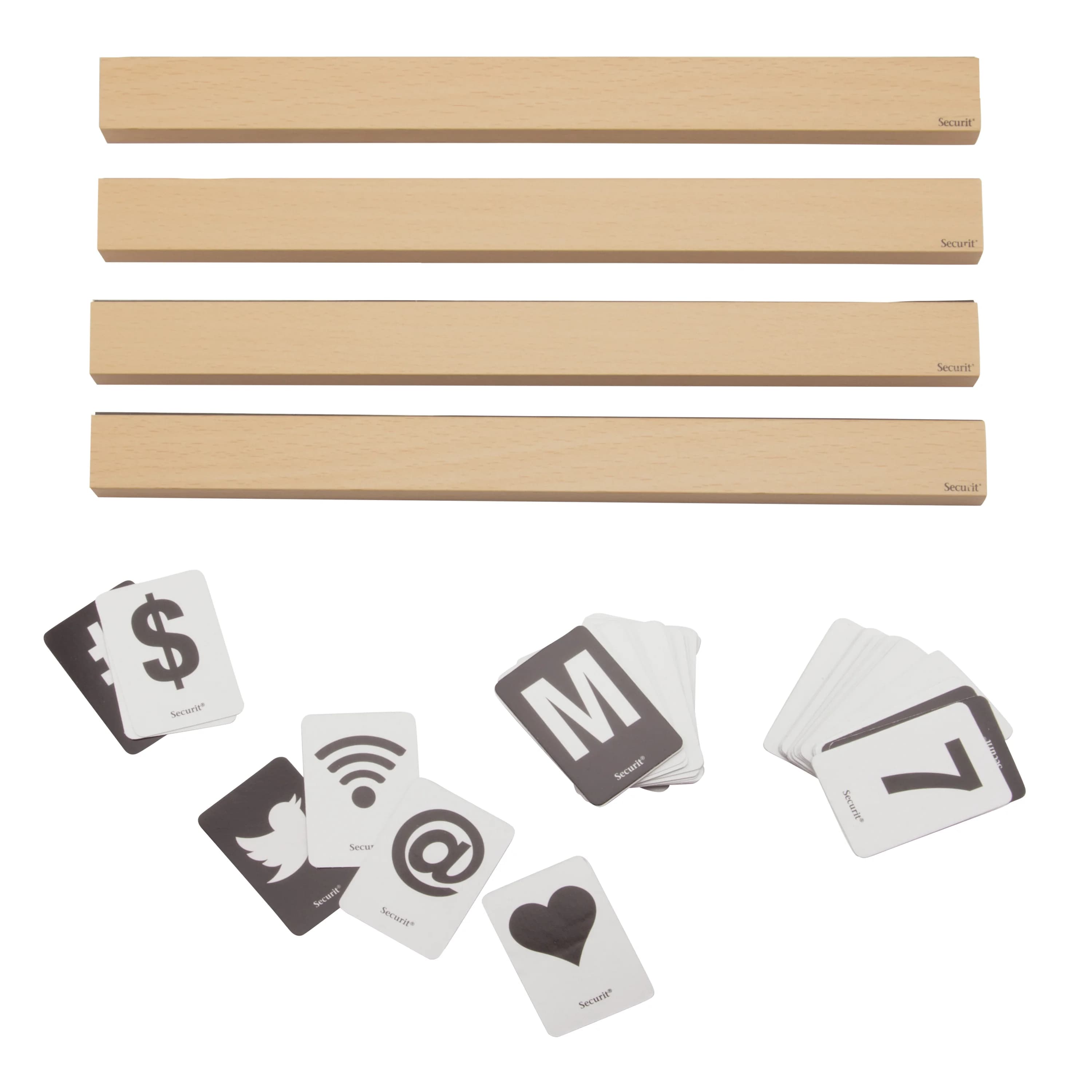 Securit® Lot de 4 Étagères - Bois finition teck laqué - 169 cartes recto verso avec lettres, chiffres et icônes inclus -