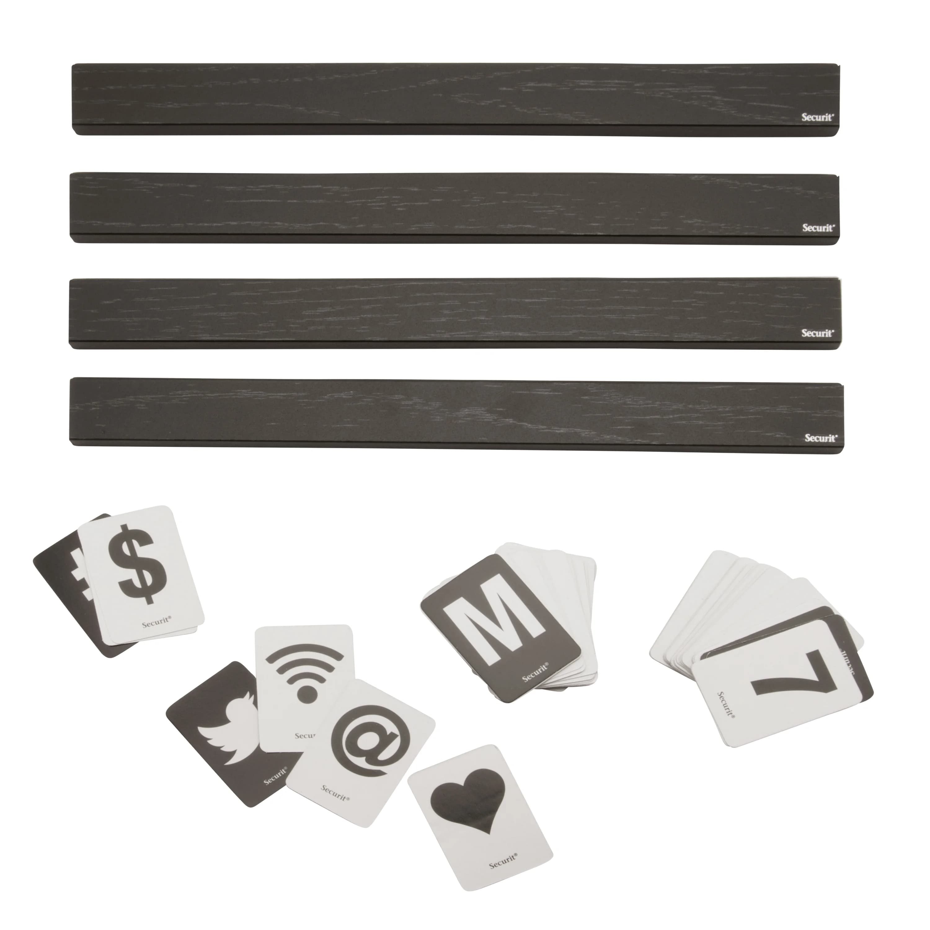Securit® Lot de 4 Étagères - Bois finition noir laqué - 169 cartes recto verso avec lettres, chiffres et icônes inclus -
