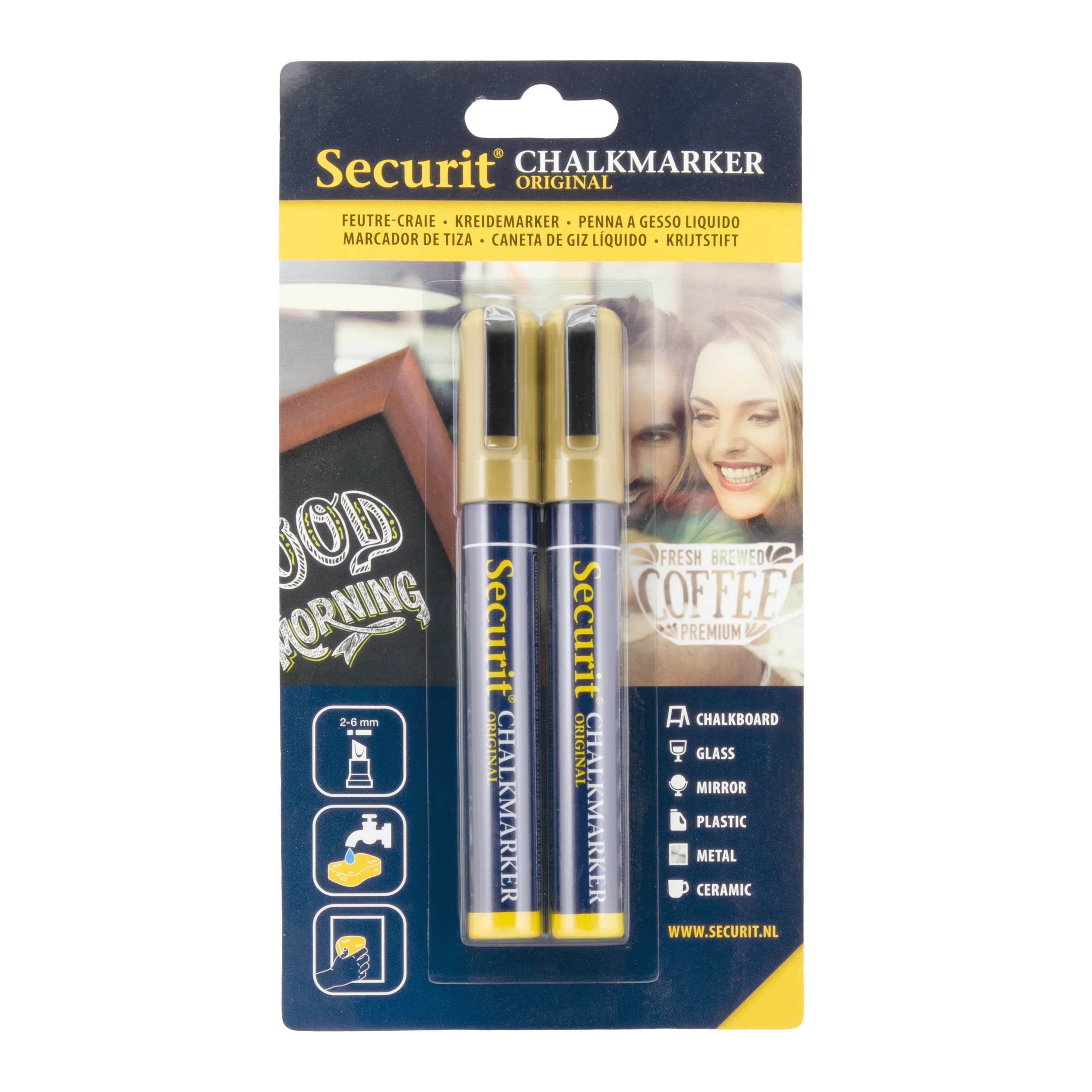 Securit® Lot de 2 Feutres-craie à encre liquide - Doré - Taille de mine 2-6mm biseautée