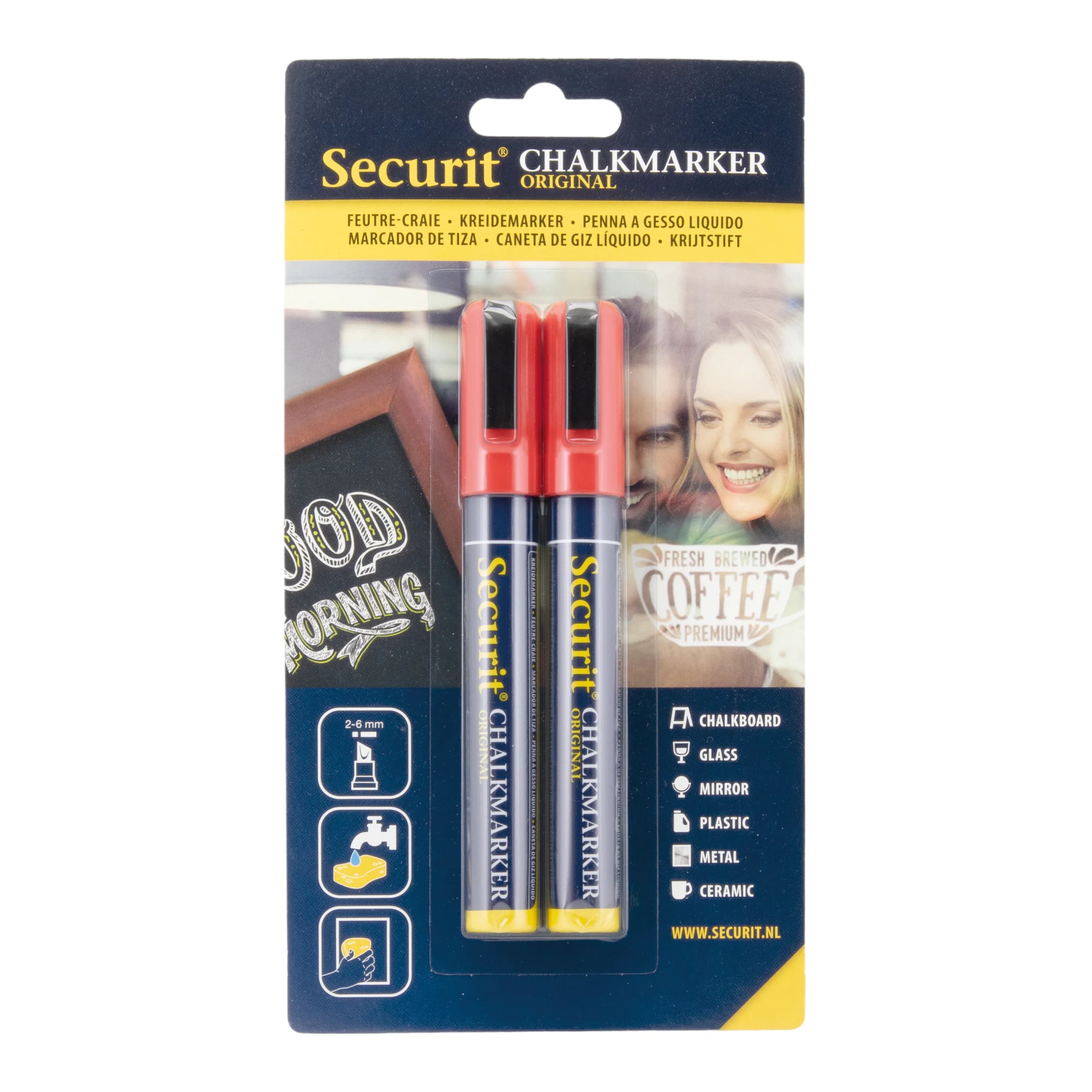 Securit® Lot de 2 Feutres-craie à encre liquide - Rouge - Taille de mine 2-6mm biseautée