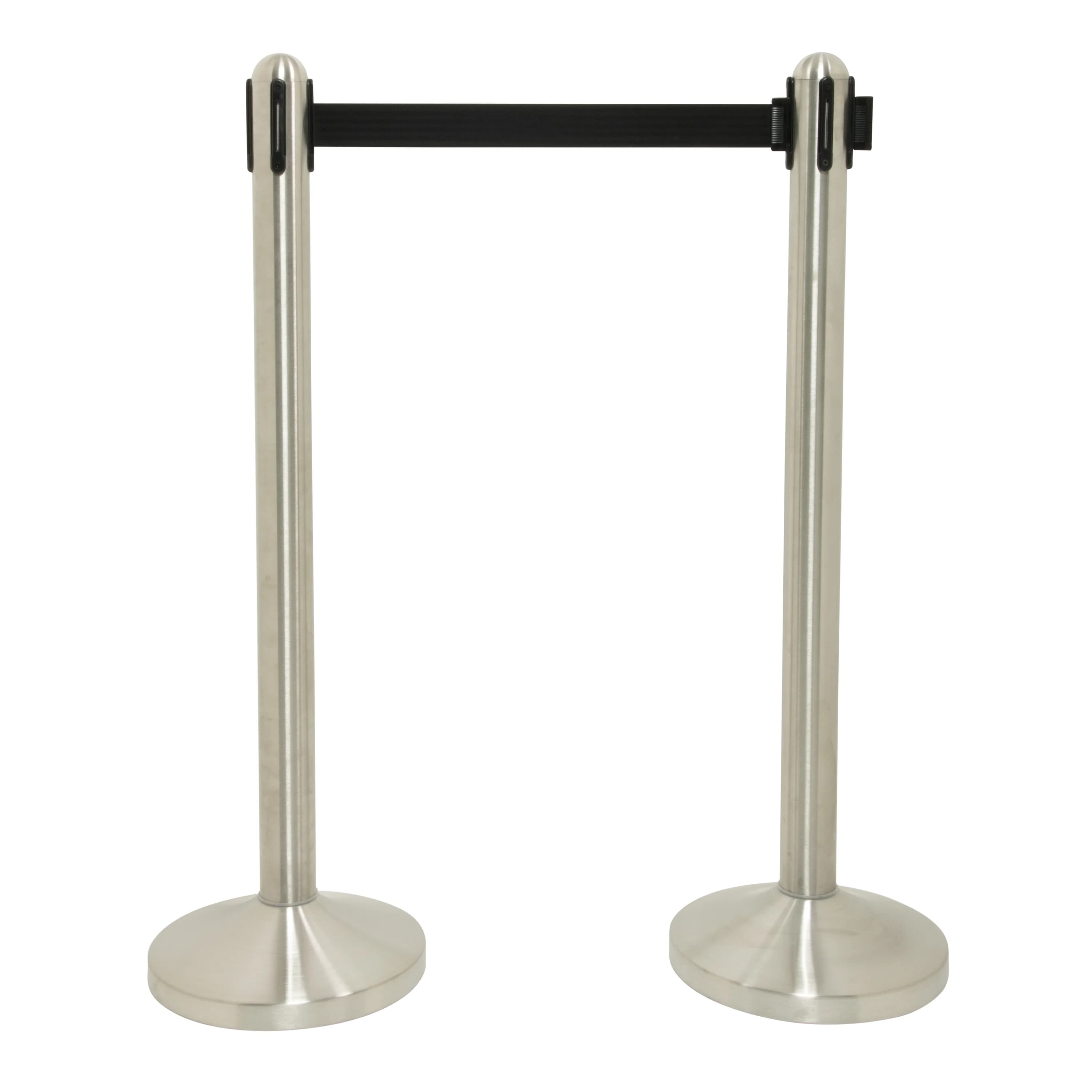 Securit® Poteau d'accueil Rétractable - Chrome - 100cm - Bande nylon 205cm Noire - Ensemble complet pied + socle