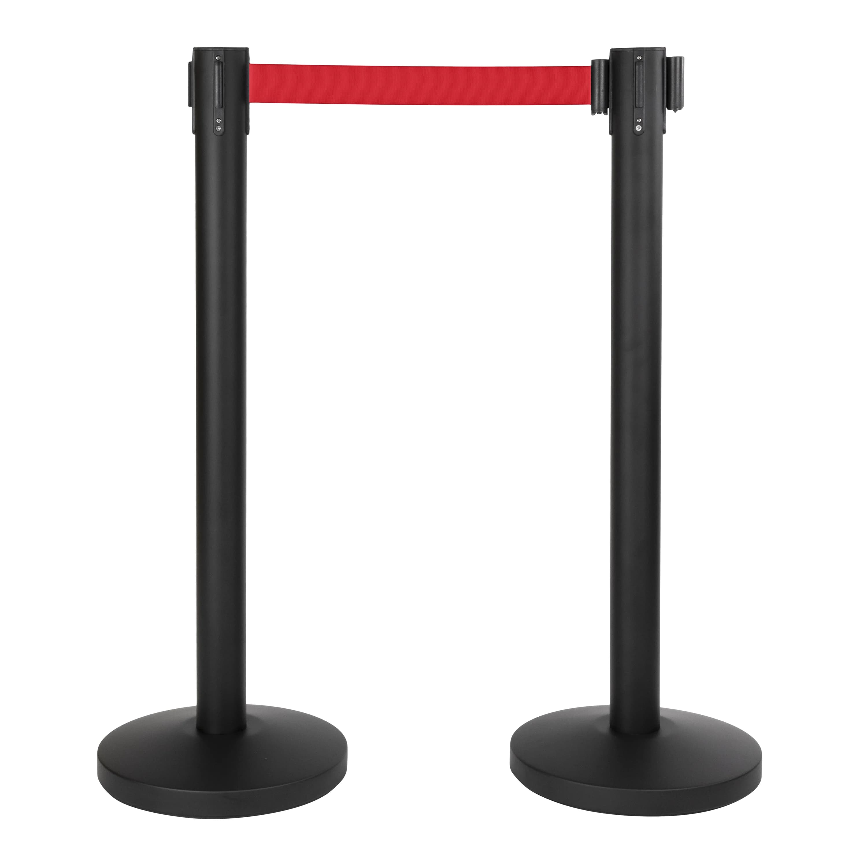 Securit® Lot de 2 Poteaux d'accueil Rétractable - Noir - 100cm - Bande nylon Rouge - Pied + socle