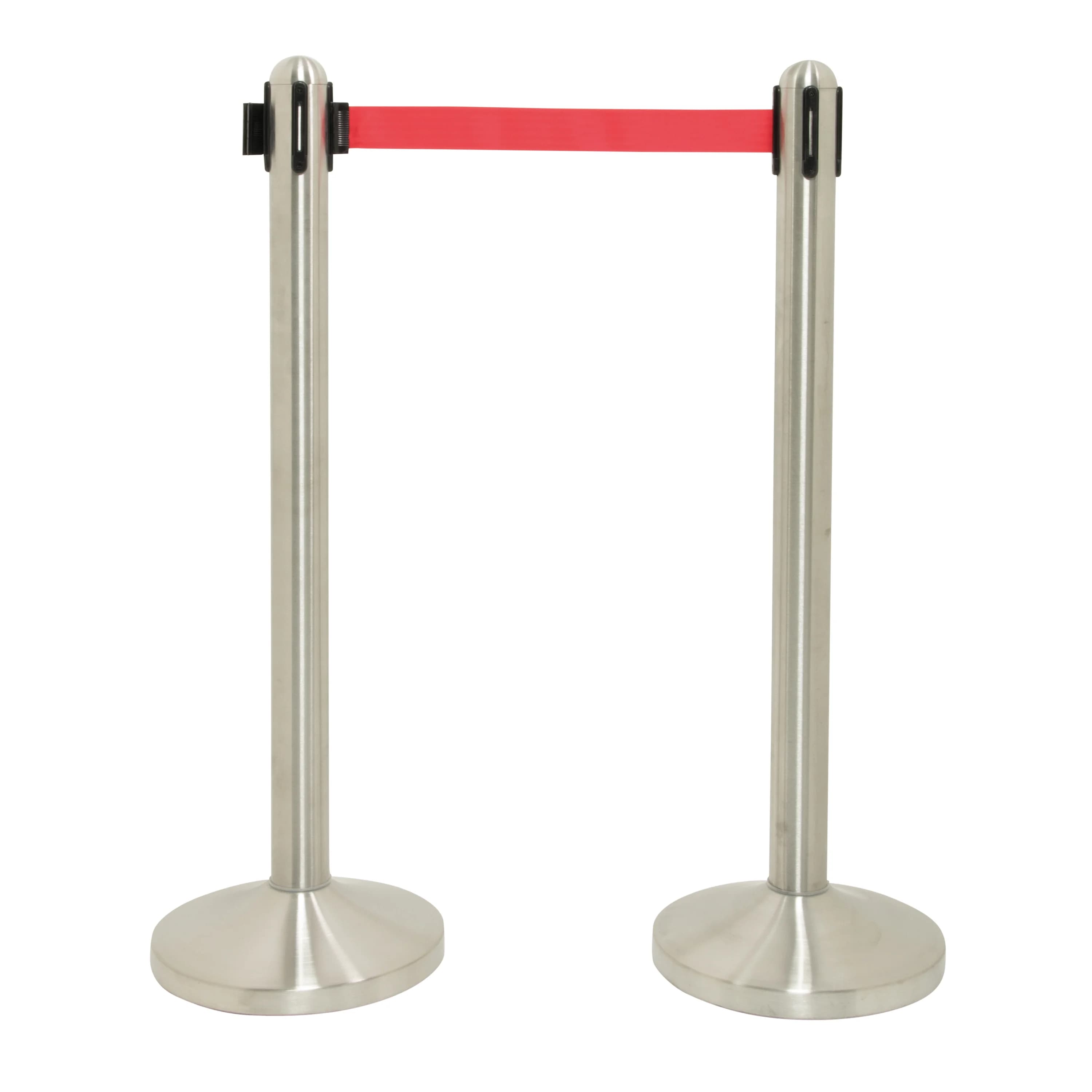 Securit® Poteau d'accueil Rétractable - Chrome - 100cm - Bande nylon 205cm Rouge - Ensemble complet pied + socle