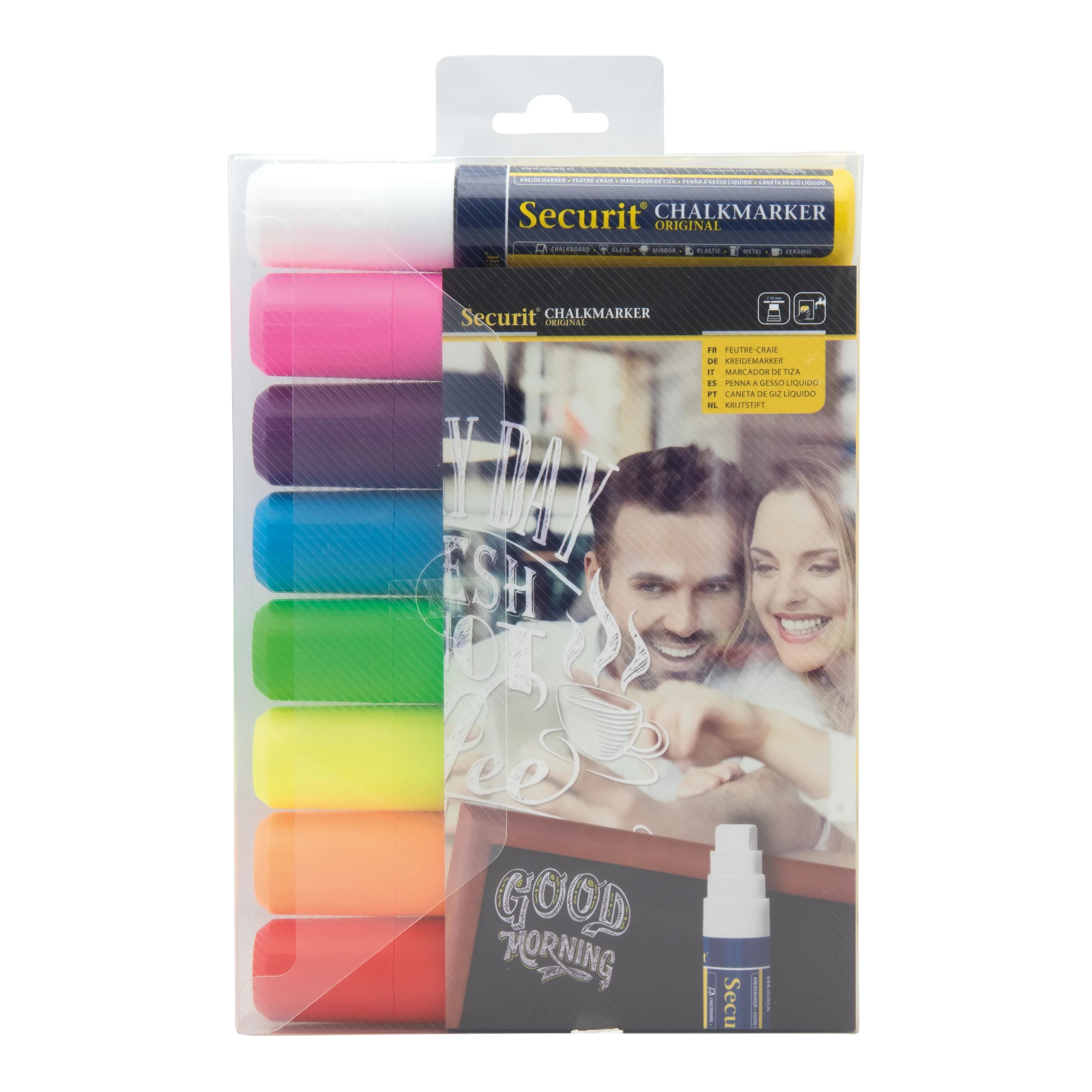 Securit® Lot de 8 Feutres-craie à encre liquide - Blanc, Jaune, Rouge, Bleu, Orange, Rose, Vert, Violet - Taille de mine