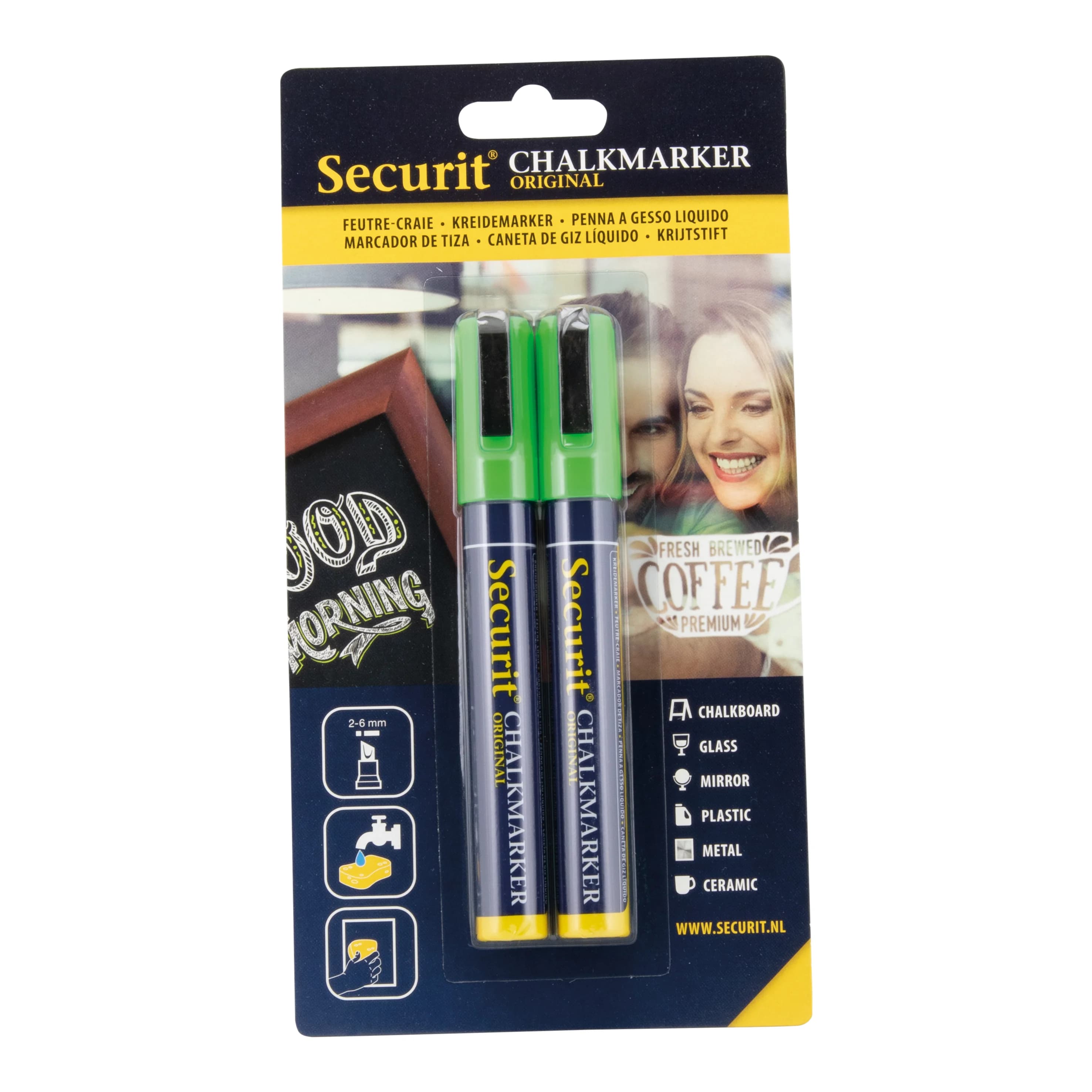 Securit® Lot de 2 Feutres-craie à encre liquide - Vert - Taille de mine 2-6mm biseautée