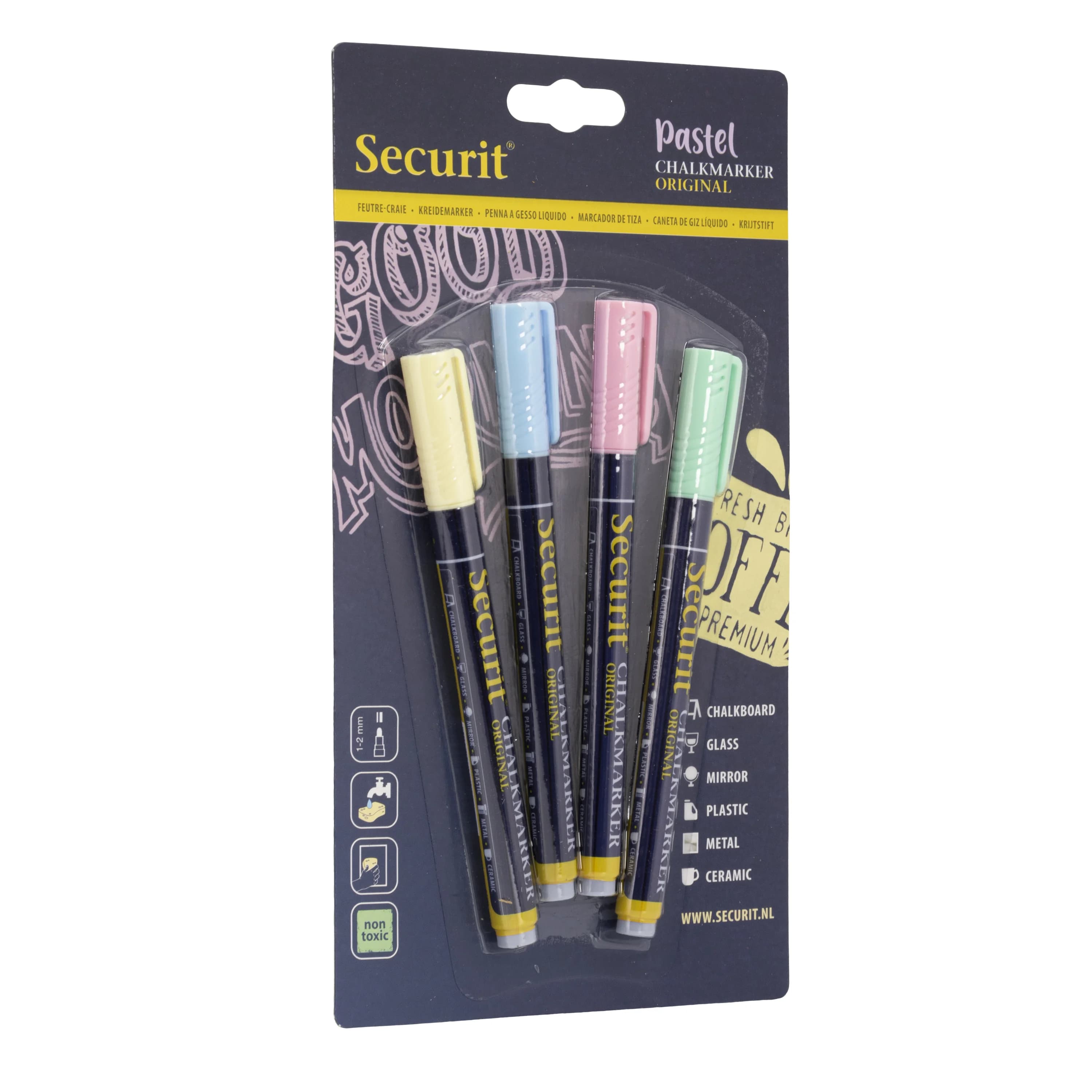 Securit® Lot de 4 Feutres-craie à encre liquide - Jaune, Bleu, Lila, Vert - Taille de mine 1-2mm obus