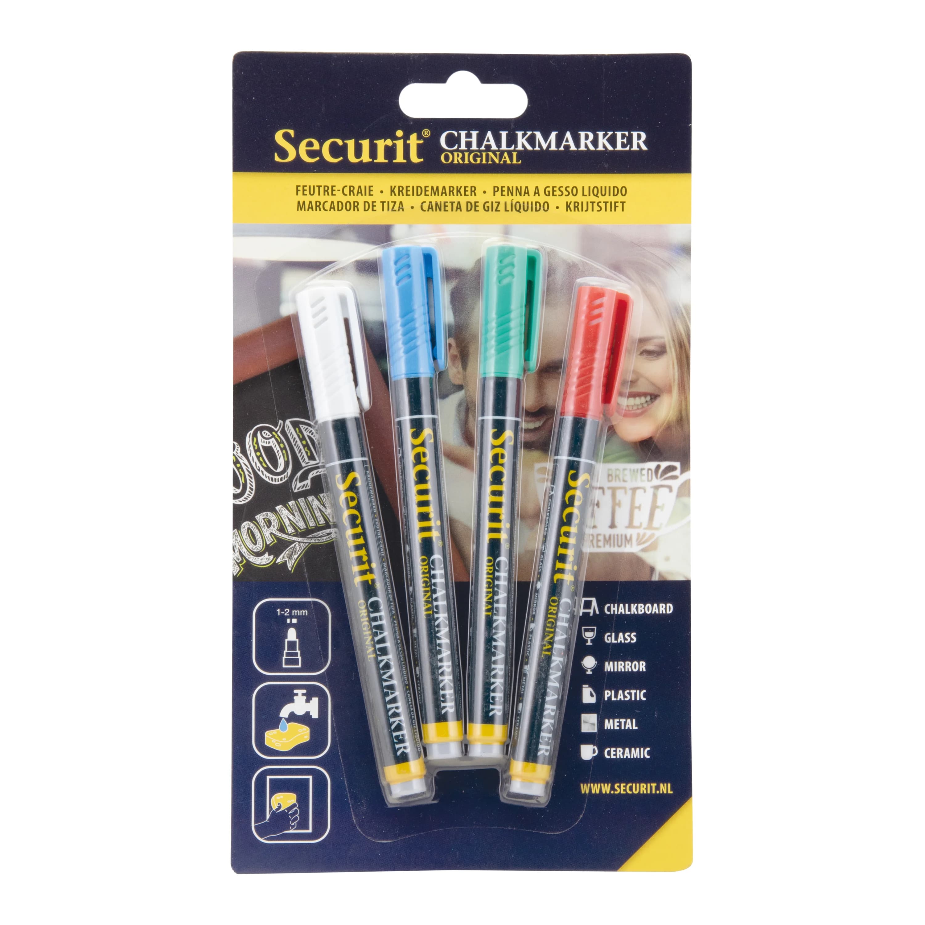 Securit® Lot de 4 Feutres-craie à encre liquide - Blanc, Bleu, Vert, Rouge - Taille de mine 1-2mm obus