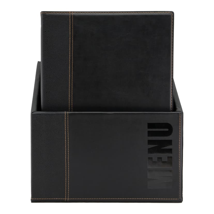 Securit® Boite contenant 20 Protège-menus A4 "Trendy" - Noir - Simili-cuir - 4 vues