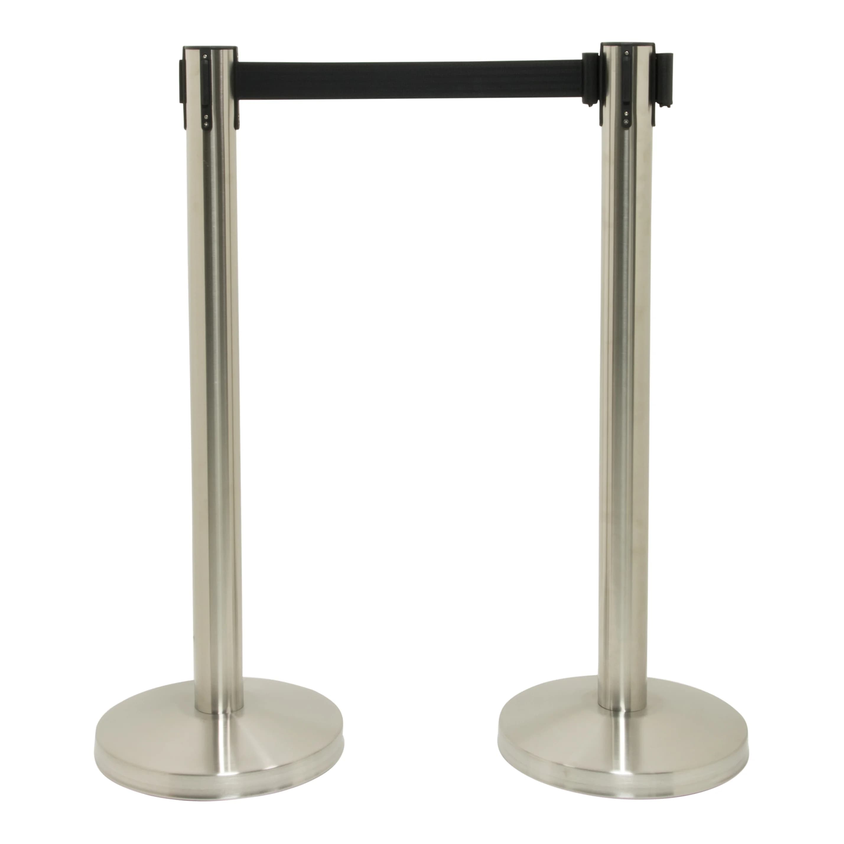 Securit® Lot de 2 Poteaux d'accueil Rétractable - Chrome - 100cm - Bande nylon 200cm Noire - Ensemble complet pied + soc
