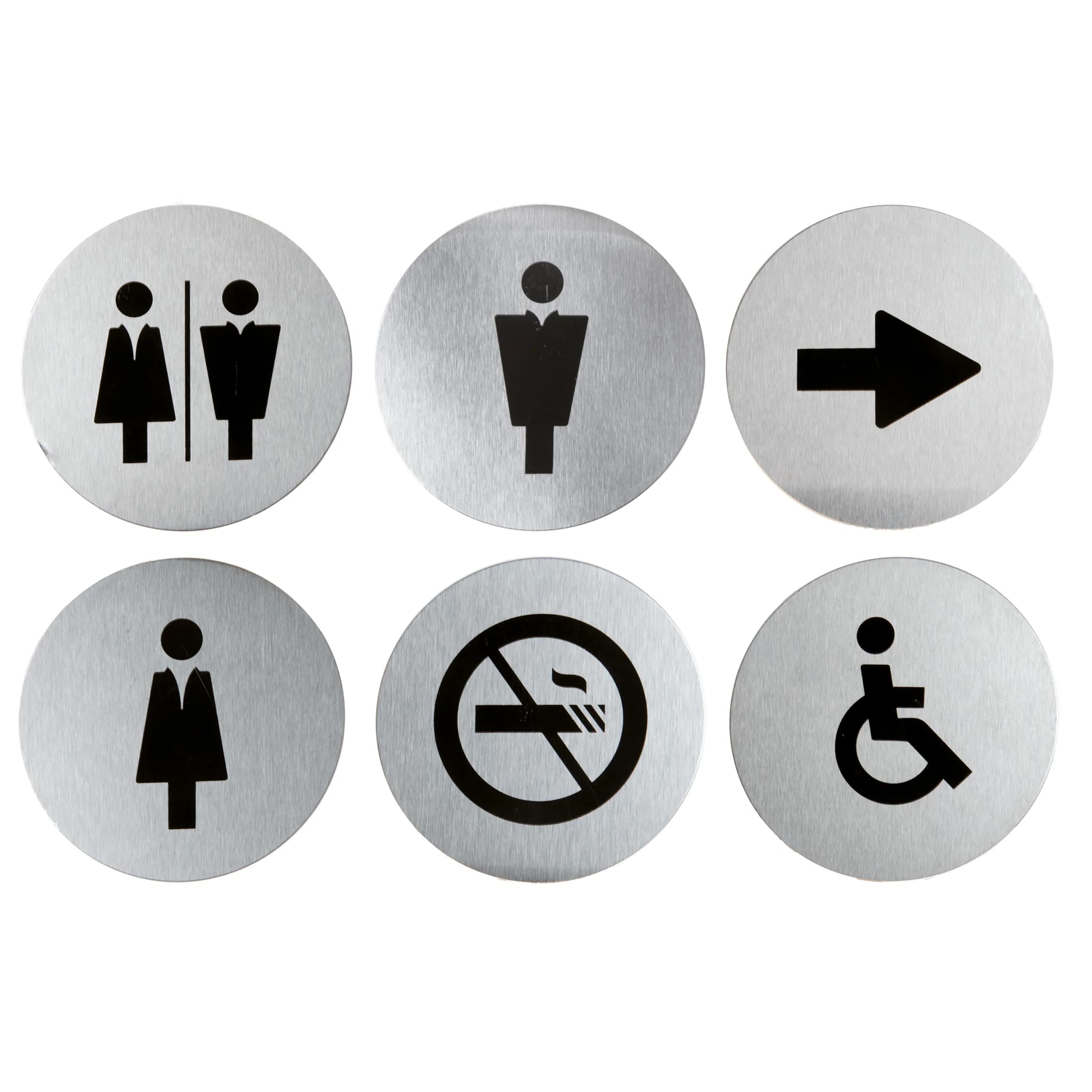 Securit® Lot de 6 Pictogrammes - Plaque en acier inoxydable - Femme, Homme, Mixte, Handicap, Flèche, Interdit de fumer