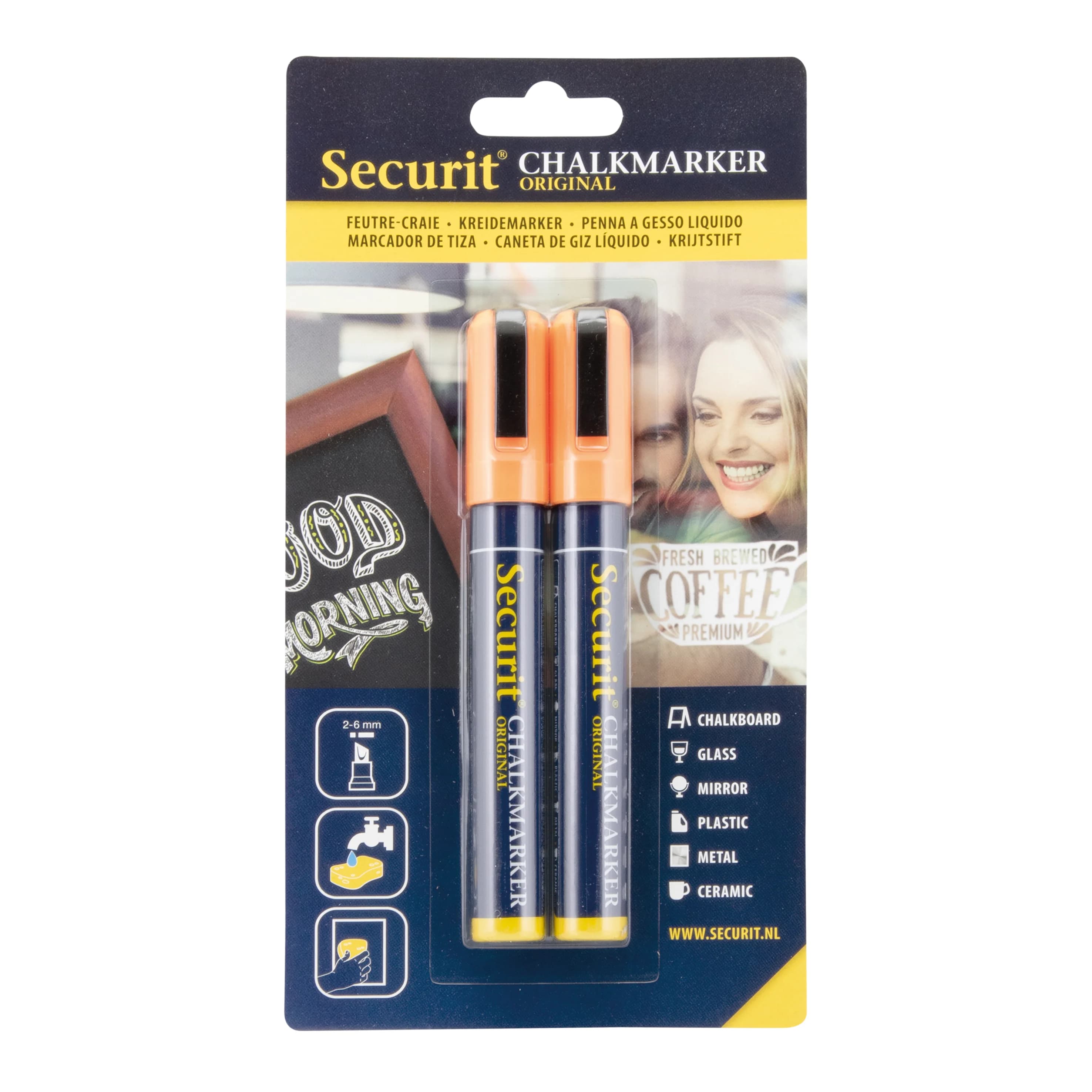 Securit® Lot de 2 Feutres-craie à encre liquide - Orange - Taille de mine 2-6mm biseautée
