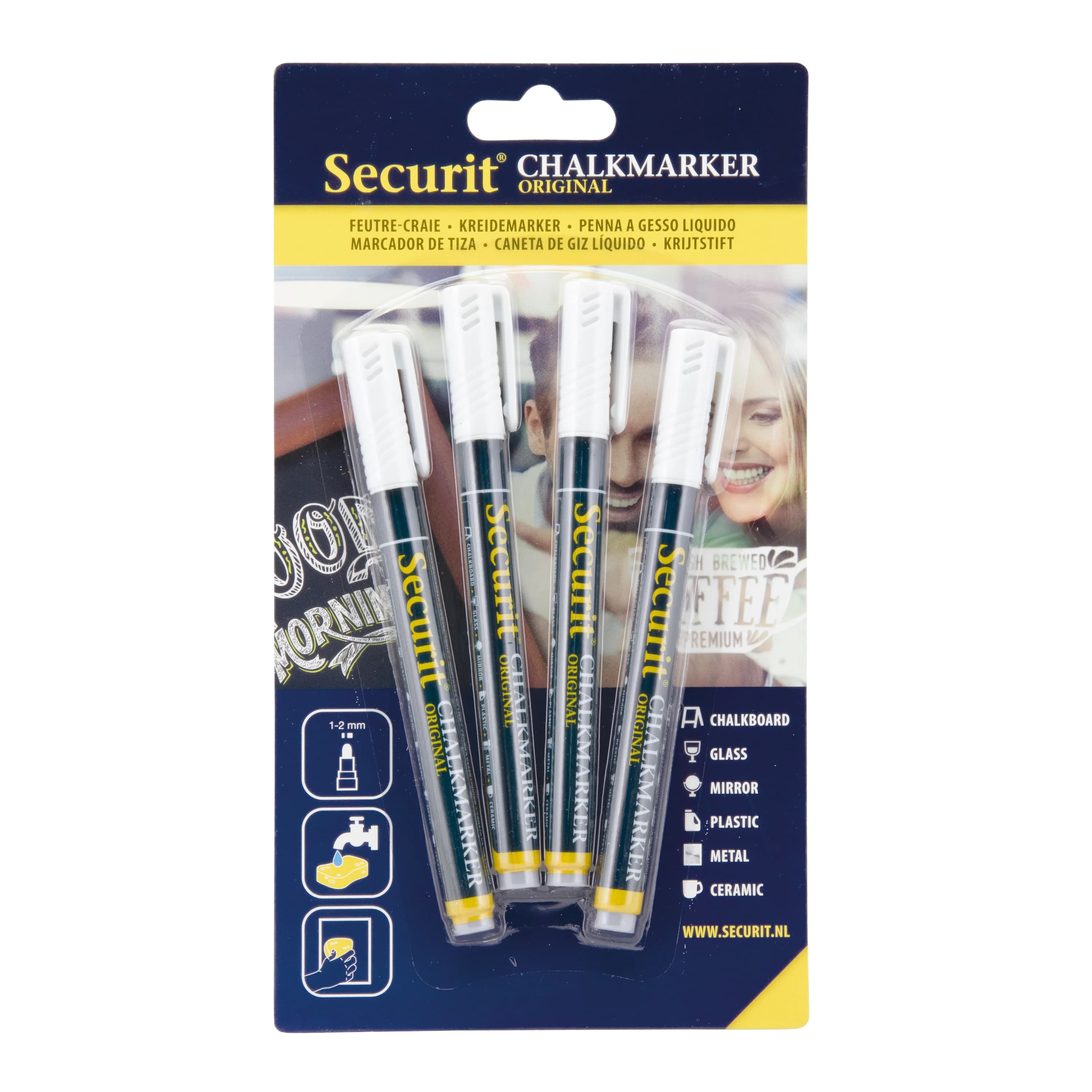 Securit® Lot de 4 Feutres-craie à encre liquide - Blanc - Taille de mine 1-2mm obus