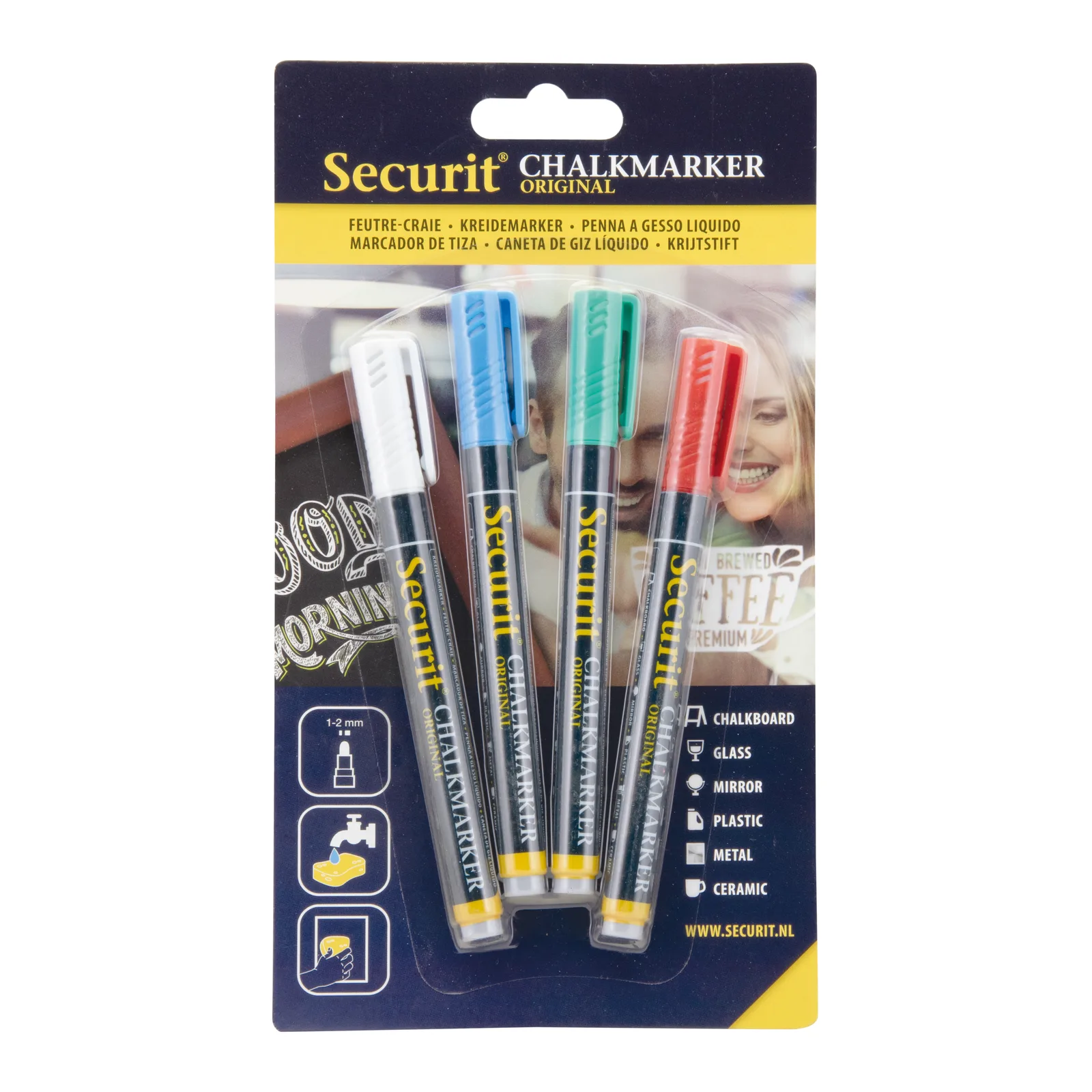 Securit® Lot de 4 Feutres-craie à encre liquide - Blanc, Bleu, Vert, Rouge - Taille de mine 1-2mm obus