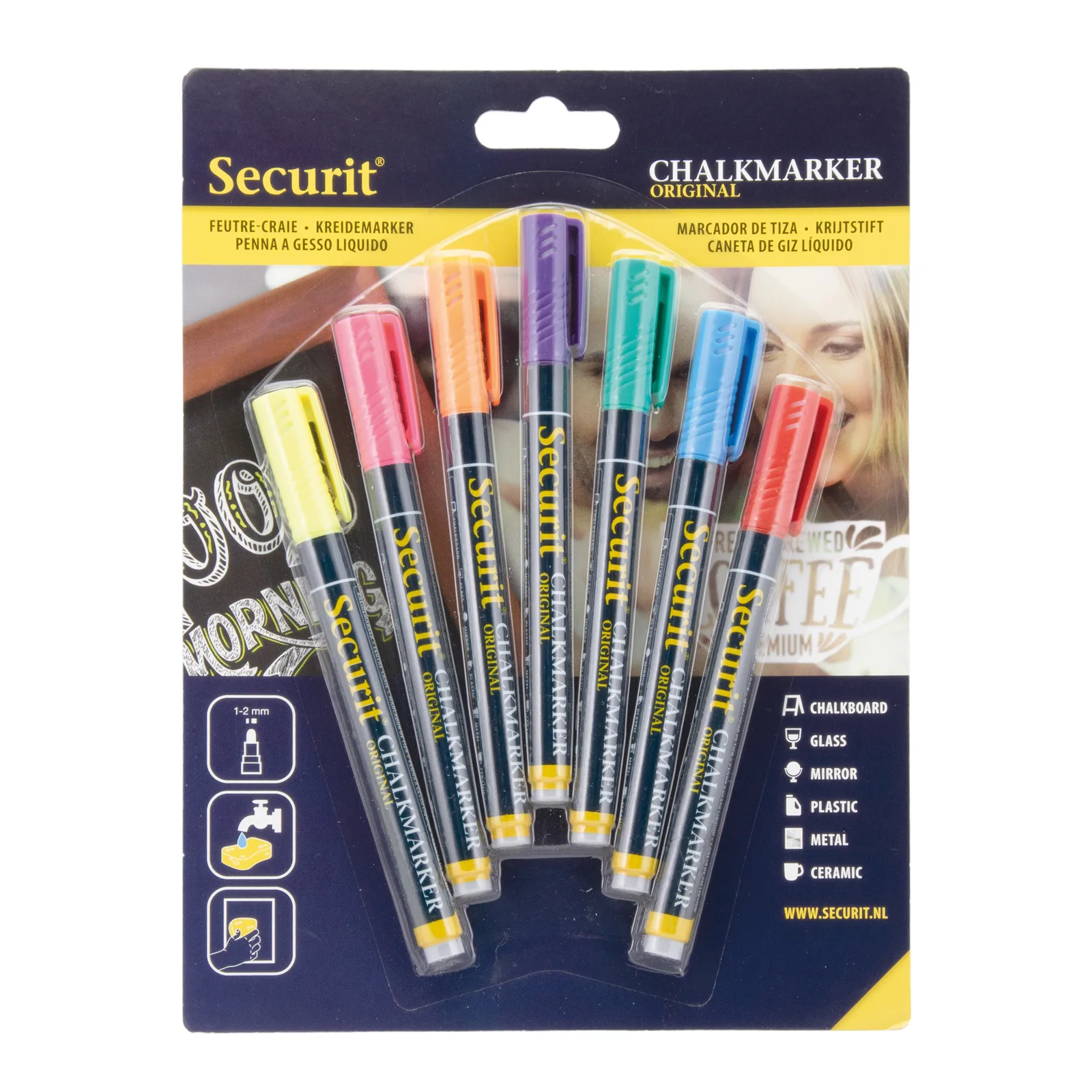 Securit® Set van 7 vloeibare krijtstiften - Gekleurd assortiment - Punt 1-2 mm