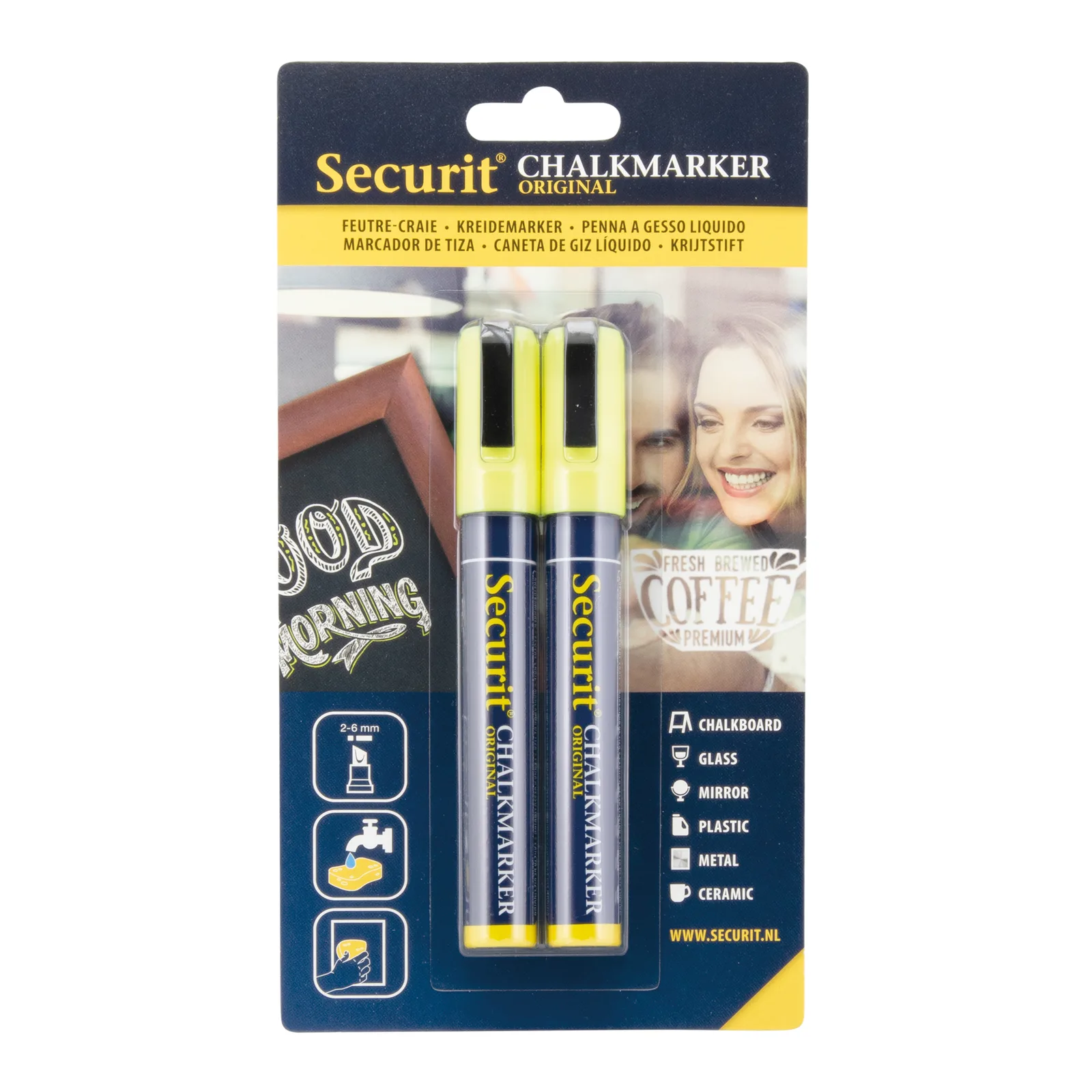 Securit® Set van 2 vloeibare krijtstiften - Geel - Beitelpunt 2-6 mm