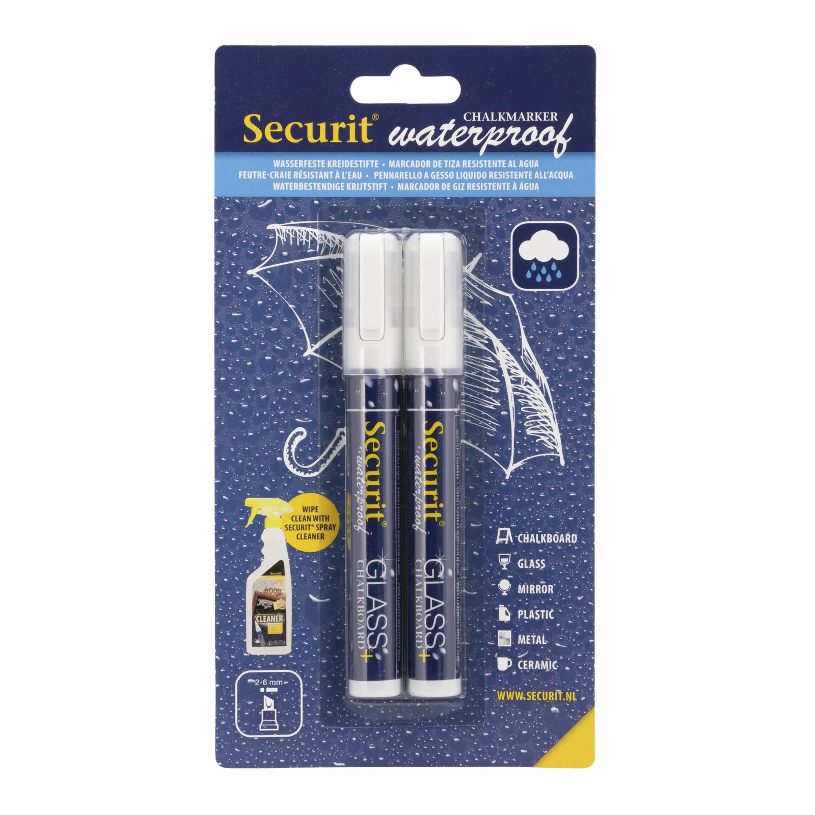 Securit® Lot de 2 Feutres-craie à encre liquide Waterproof - Blanc - Taille de mine 2-6mm biseautée