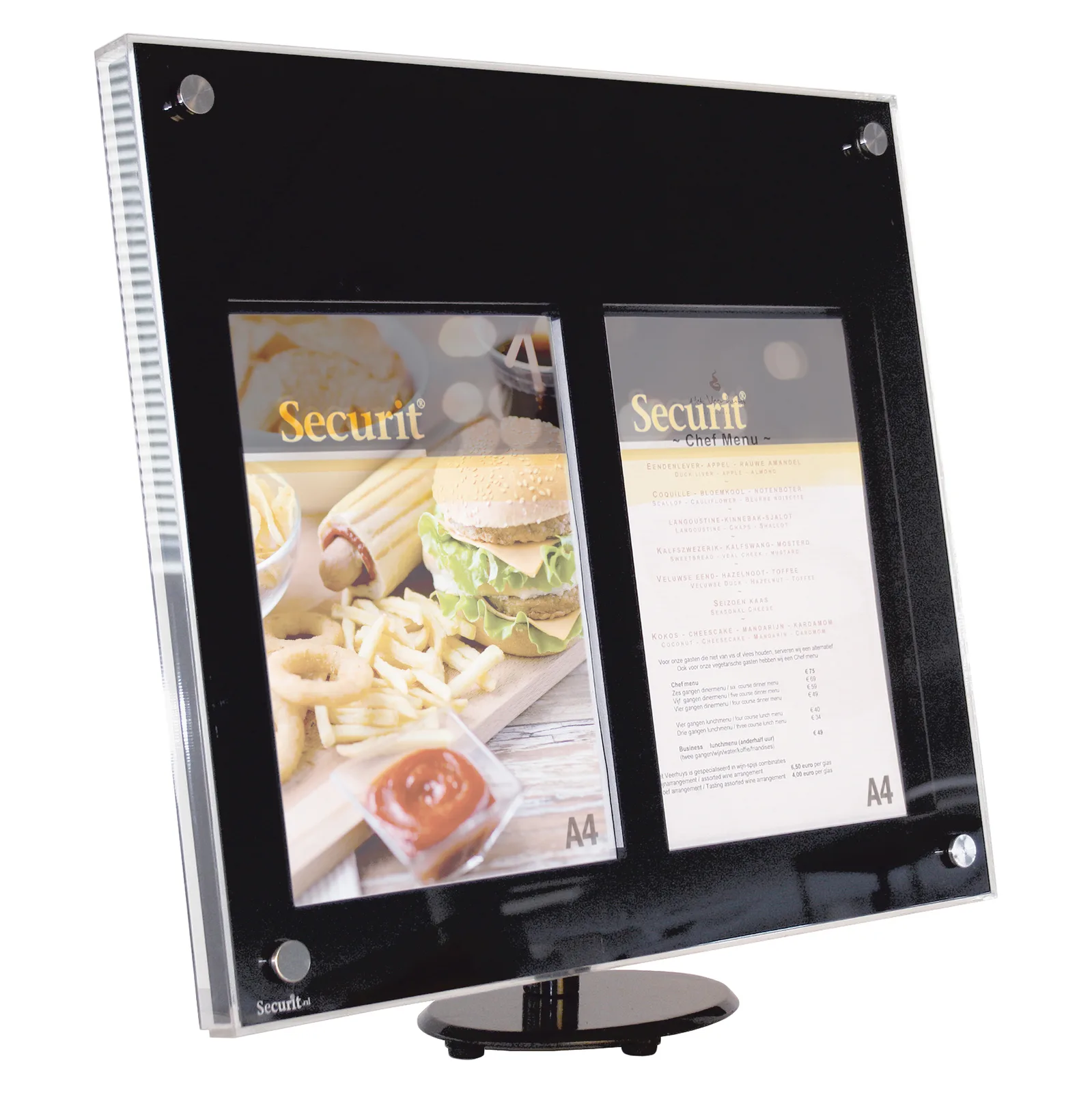 Securit® Présentoir porte-menu LED A4 "Acrylic" - Noir - Pied de table et kit d'accrochage mural inclus - 2 vues