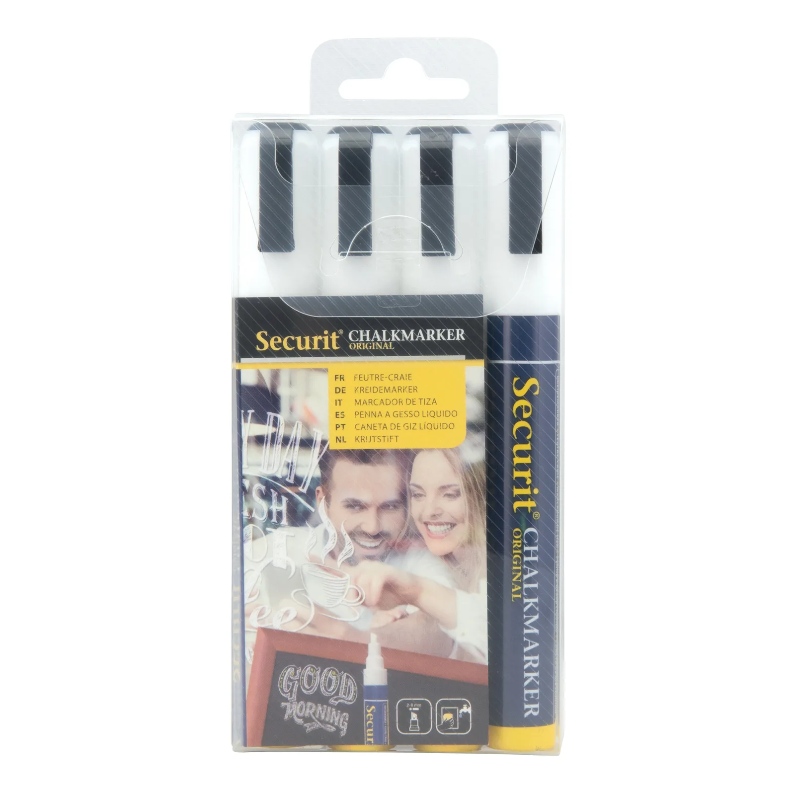 Securit® Lot de 4 Feutres-craie à encre liquide - Blanc - Taille de mine 2-6mm biseautée