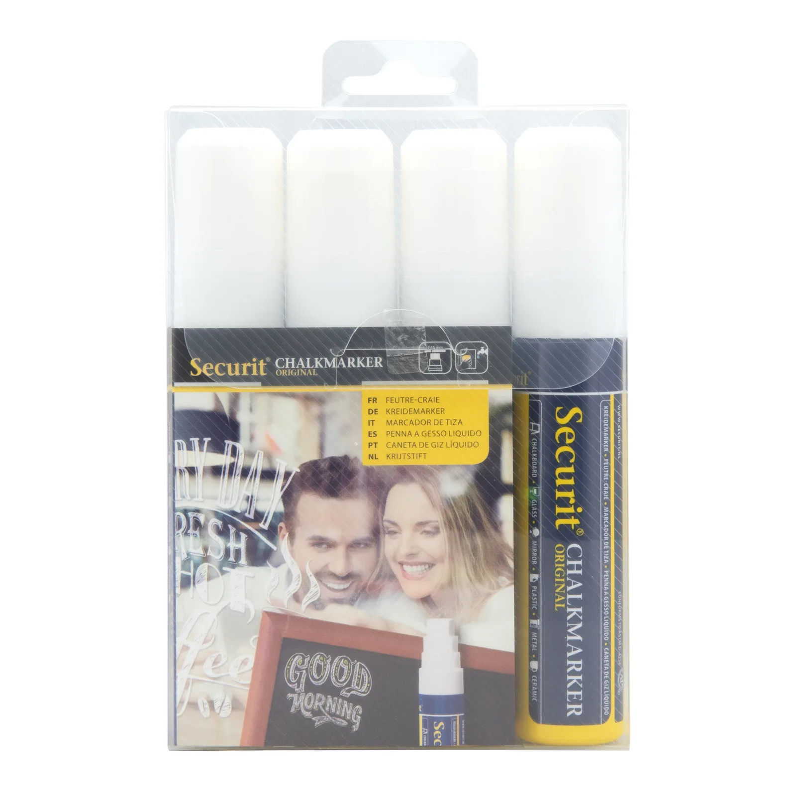 Securit® Set van 4 brede vloeibare krijtstiften - Wit - Beitelpunt 7-15 mm