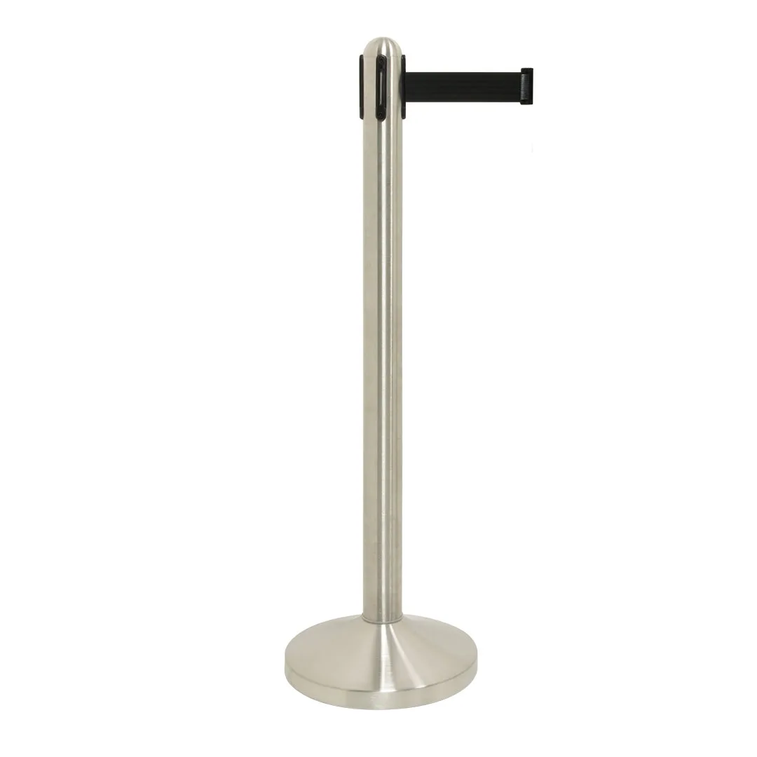 Securit® Poteau d'accueil Rétractable - Chrome - Bande nylon 200cm Noire - Ensemble pied + socle